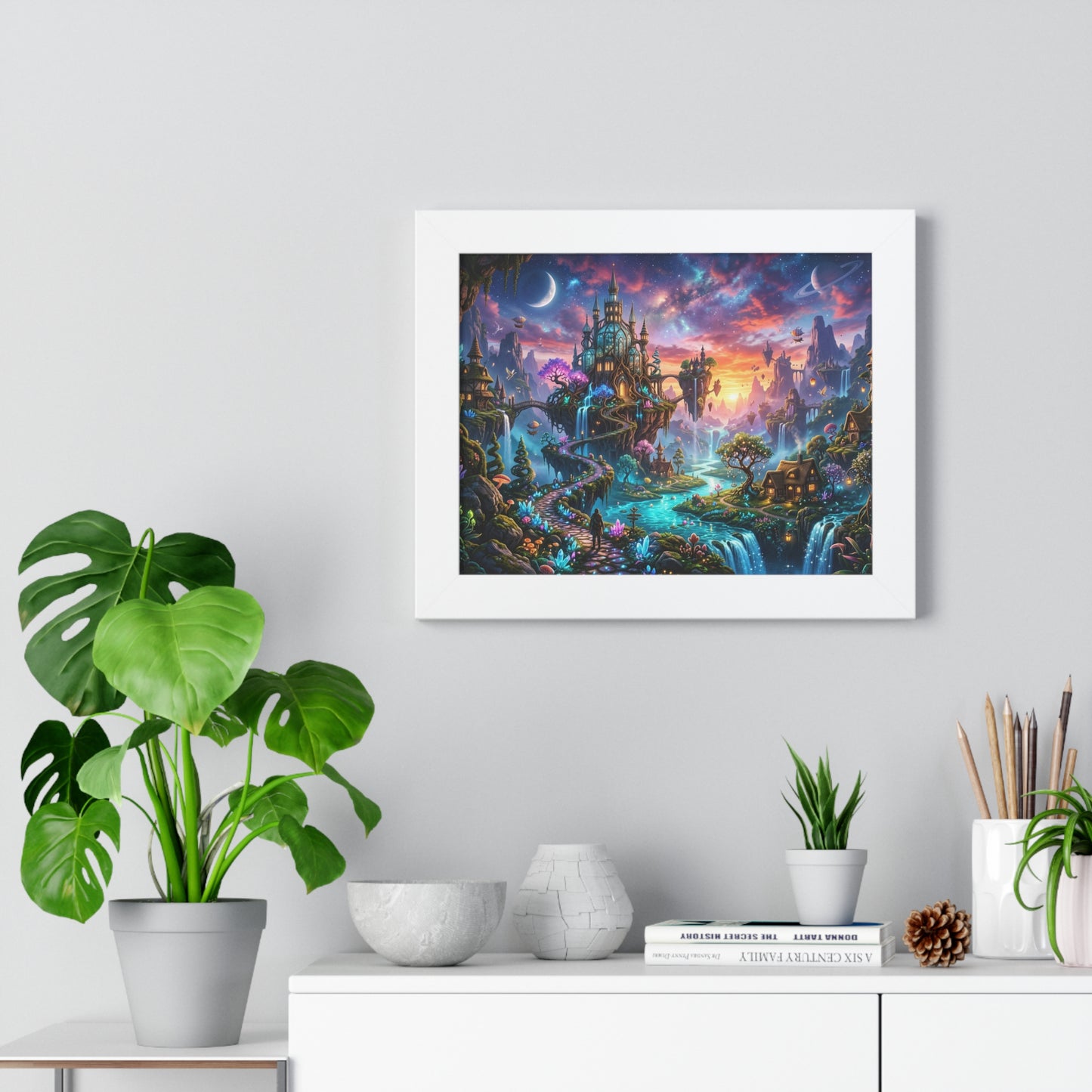 Ethereal Celestial Castle Fantasy Art Print | Dreamy Whimsical Landscape Poster | Vibrant Magical Realm Wall Decor