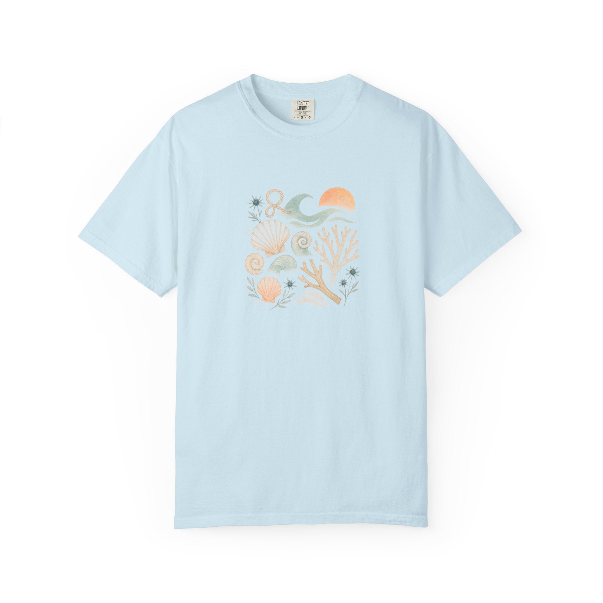 Coastal Seashells and Coral T-Shirt | Beach Wave Sunset Art
