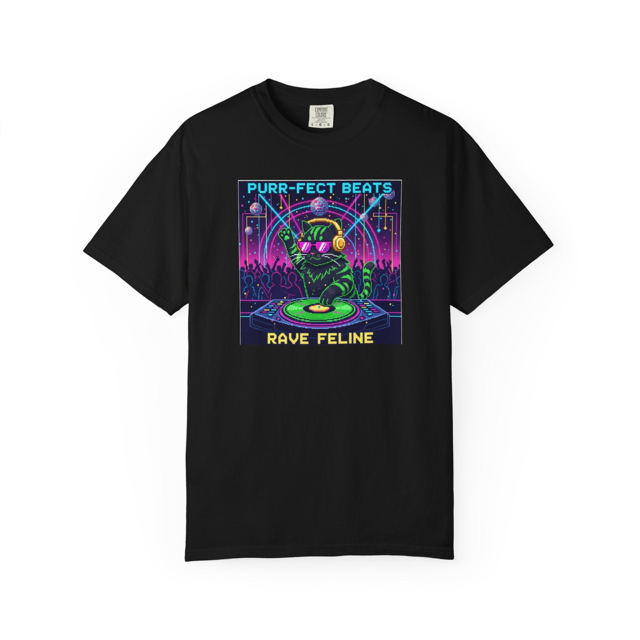 Purr-fect Beats Rave Feline DJ cat T-shirt | Neon EDM club design