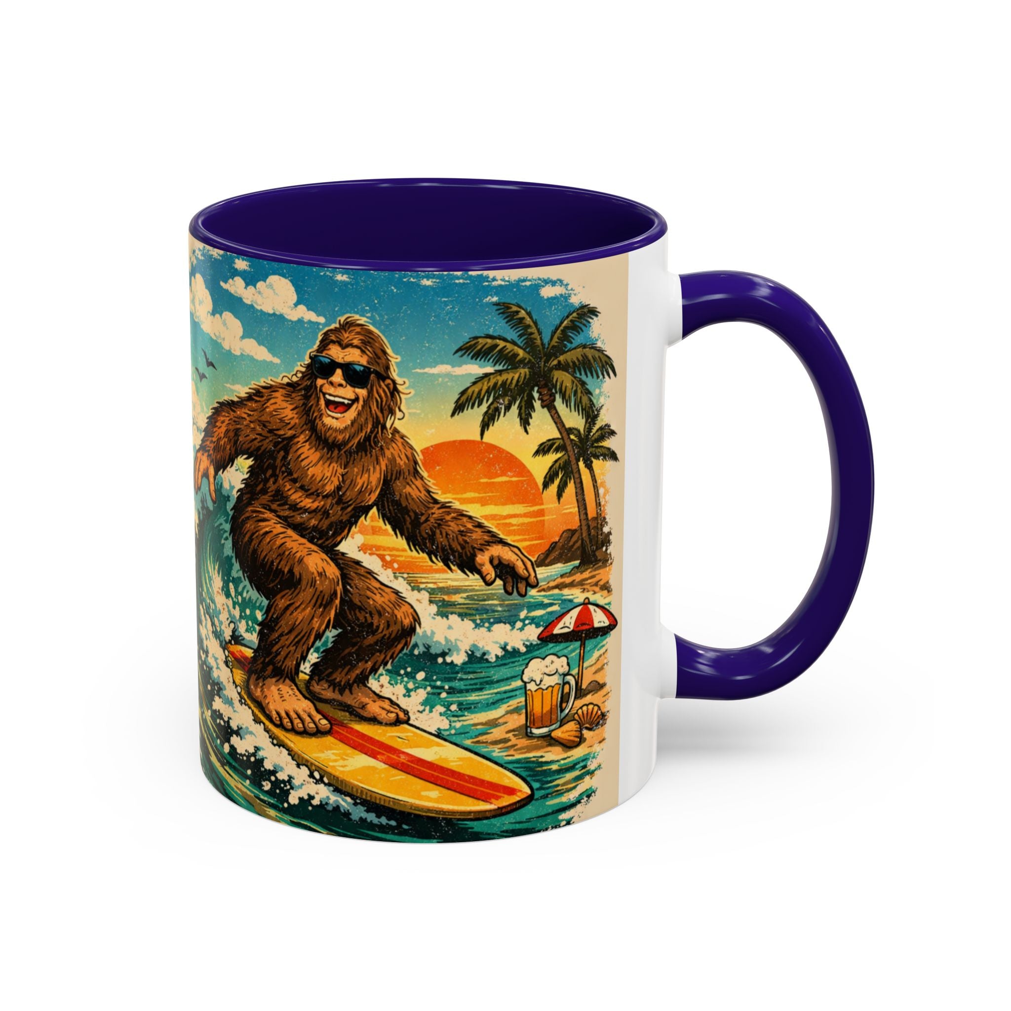 Surfing Bigfoot Mug | Retro Beach Sunset Bigfoot Wave Coffee Cup