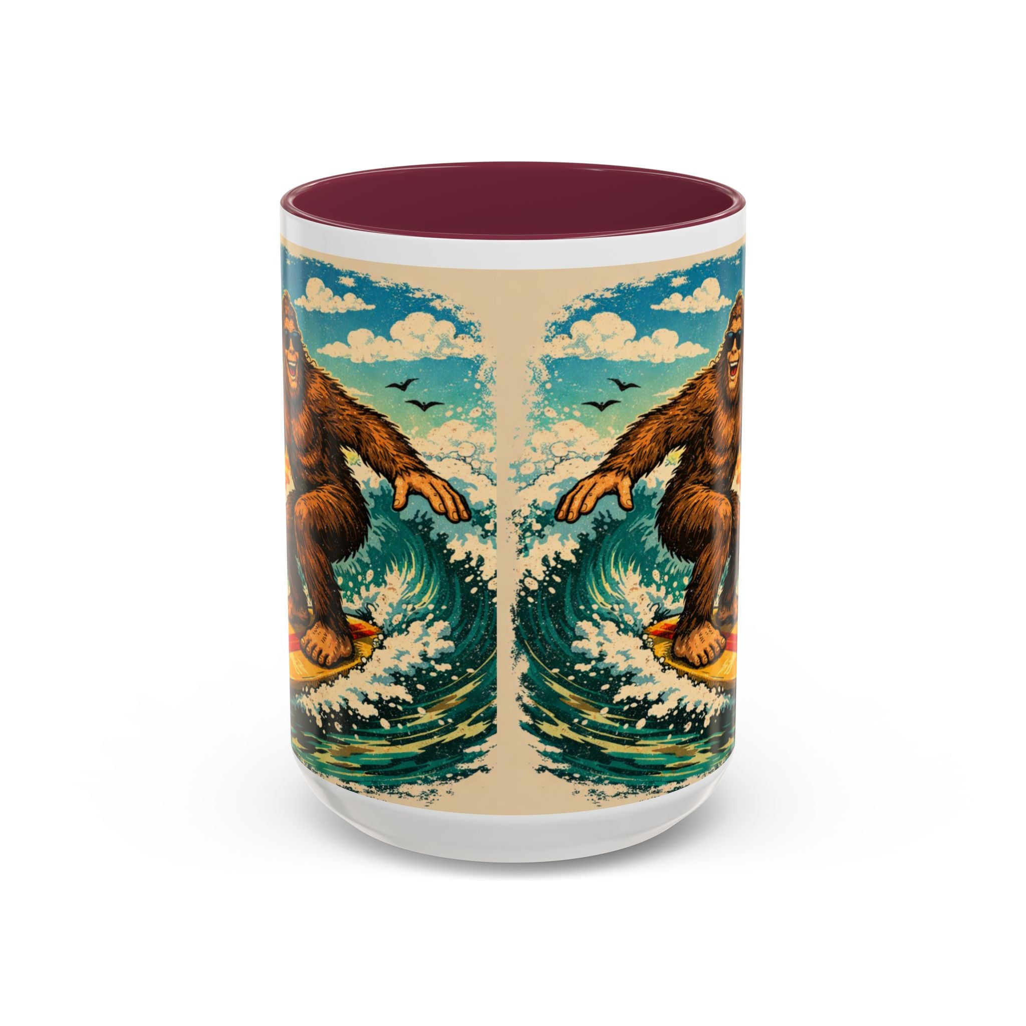 Surfing Bigfoot Mug | Retro Beach Sunset Bigfoot Wave Coffee Cup