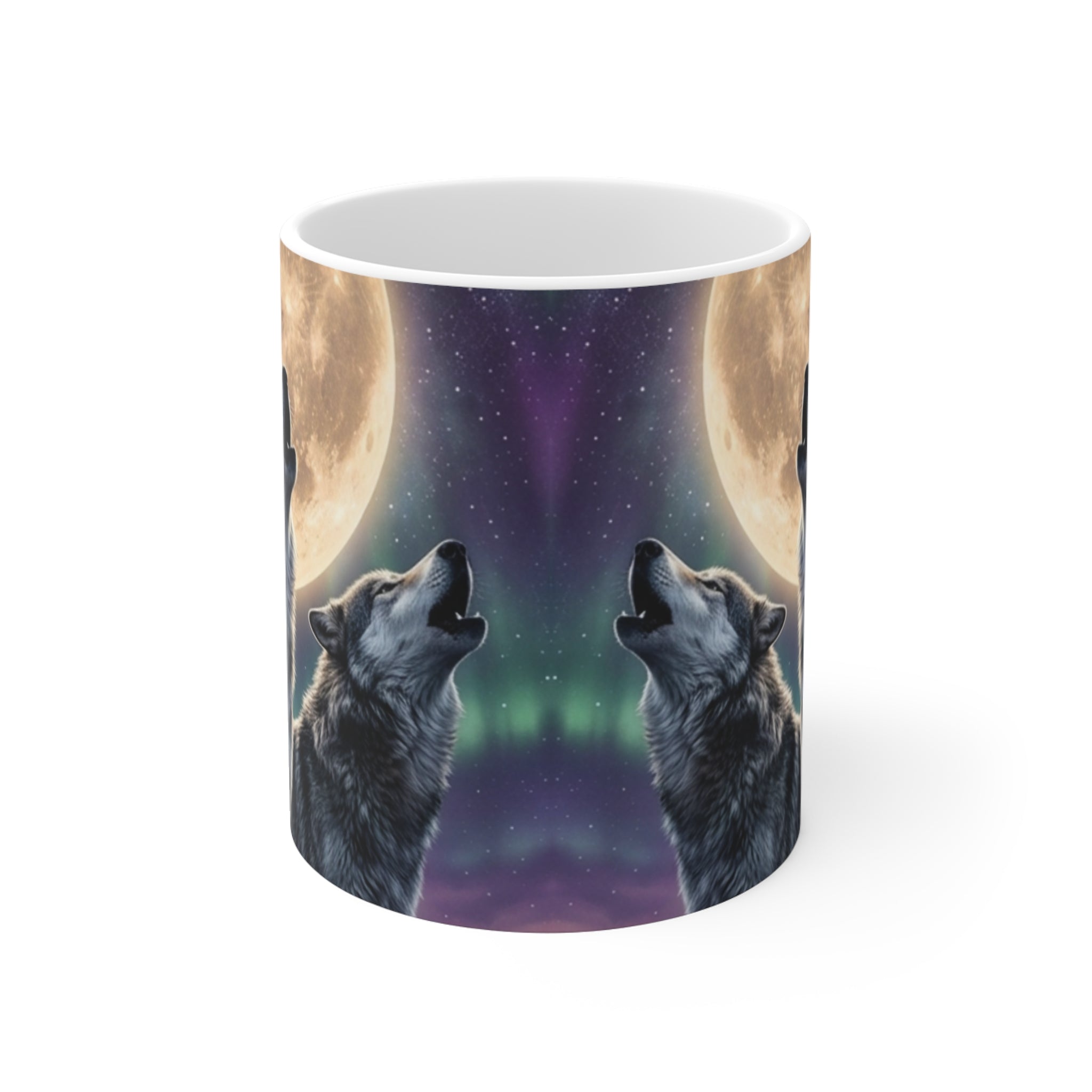 Howling 3 Wolves Moon Mug | Full Moon Night Sky, Aurora