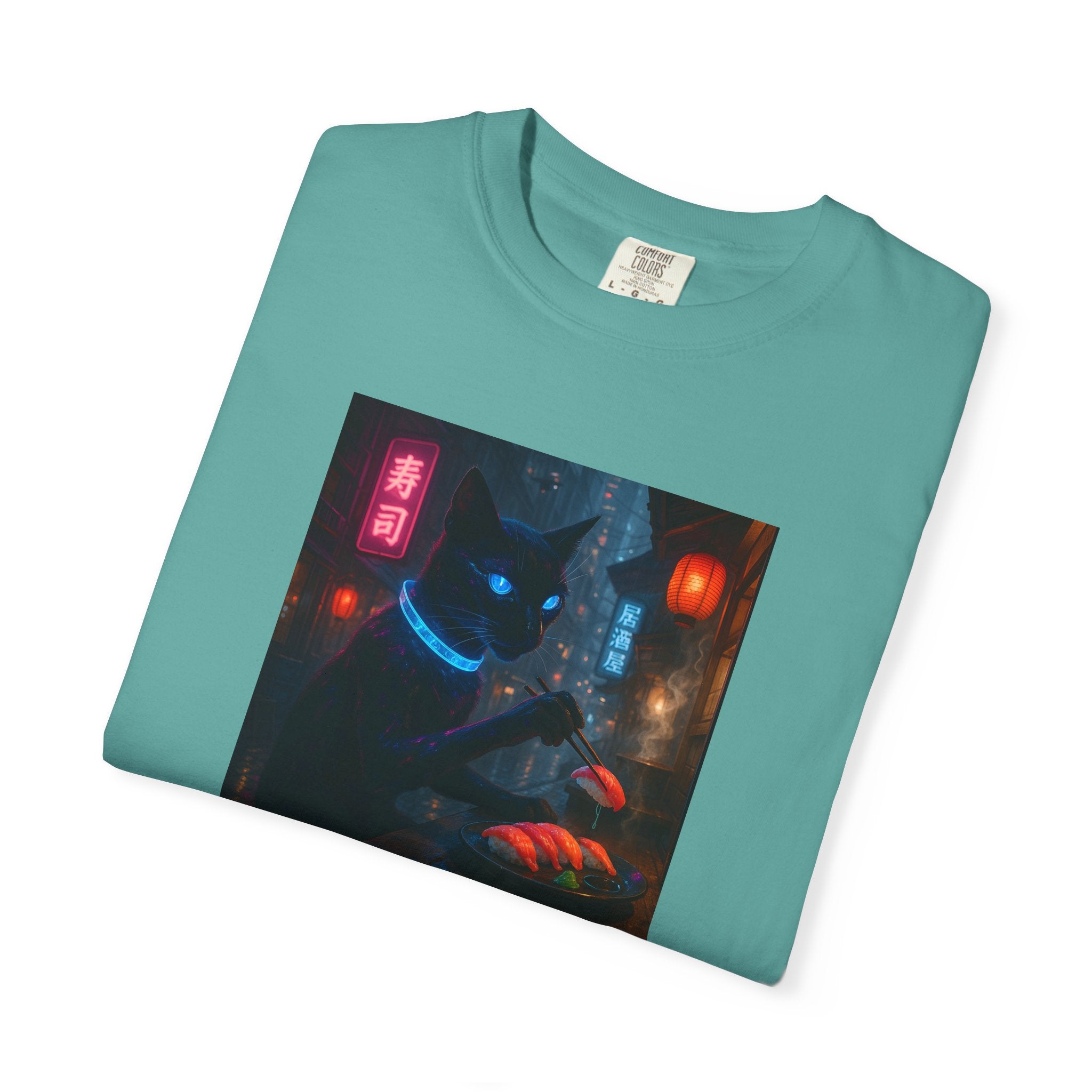 Neon Cyber Cat Sushi Shibuya T-shirt | Dark Alley Japanese Streetwear