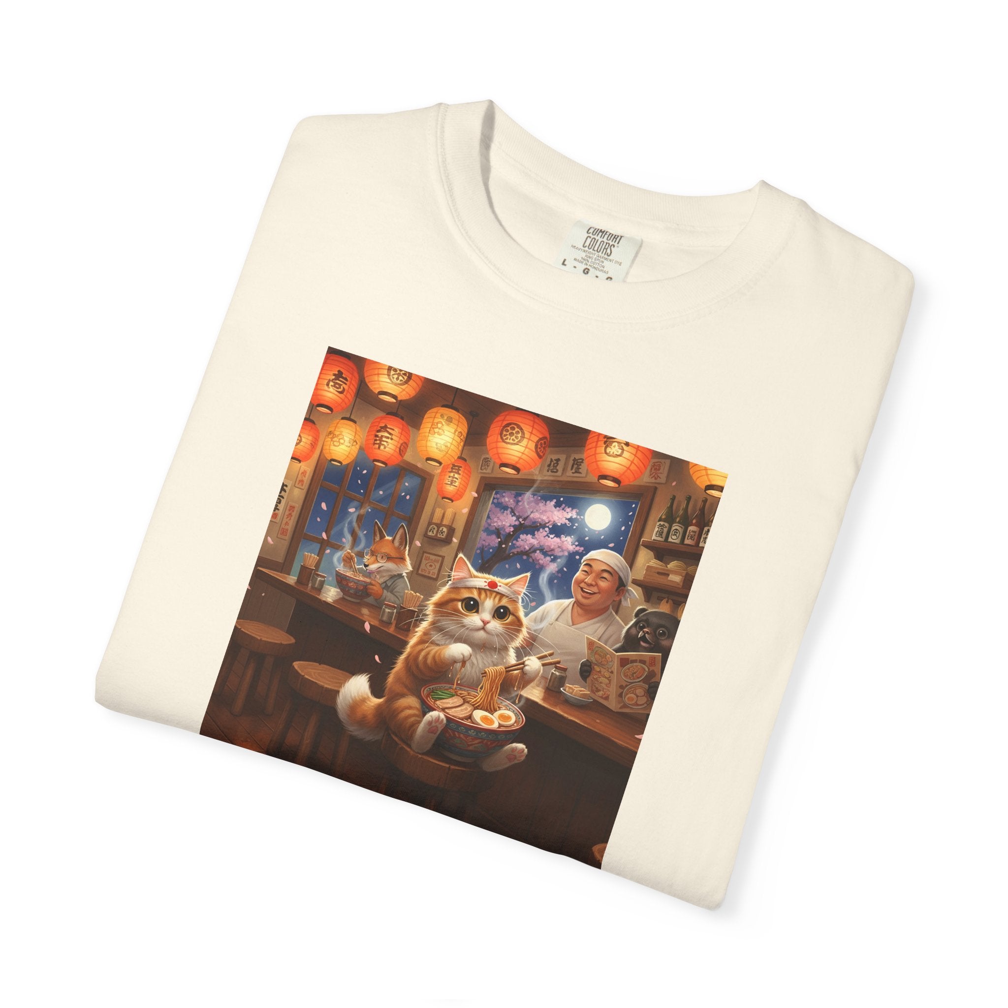 Whiskers and the Wondrous Noodles Cat Bar Ramen Scene T-shirt | Cozy Pub Cat Illustration