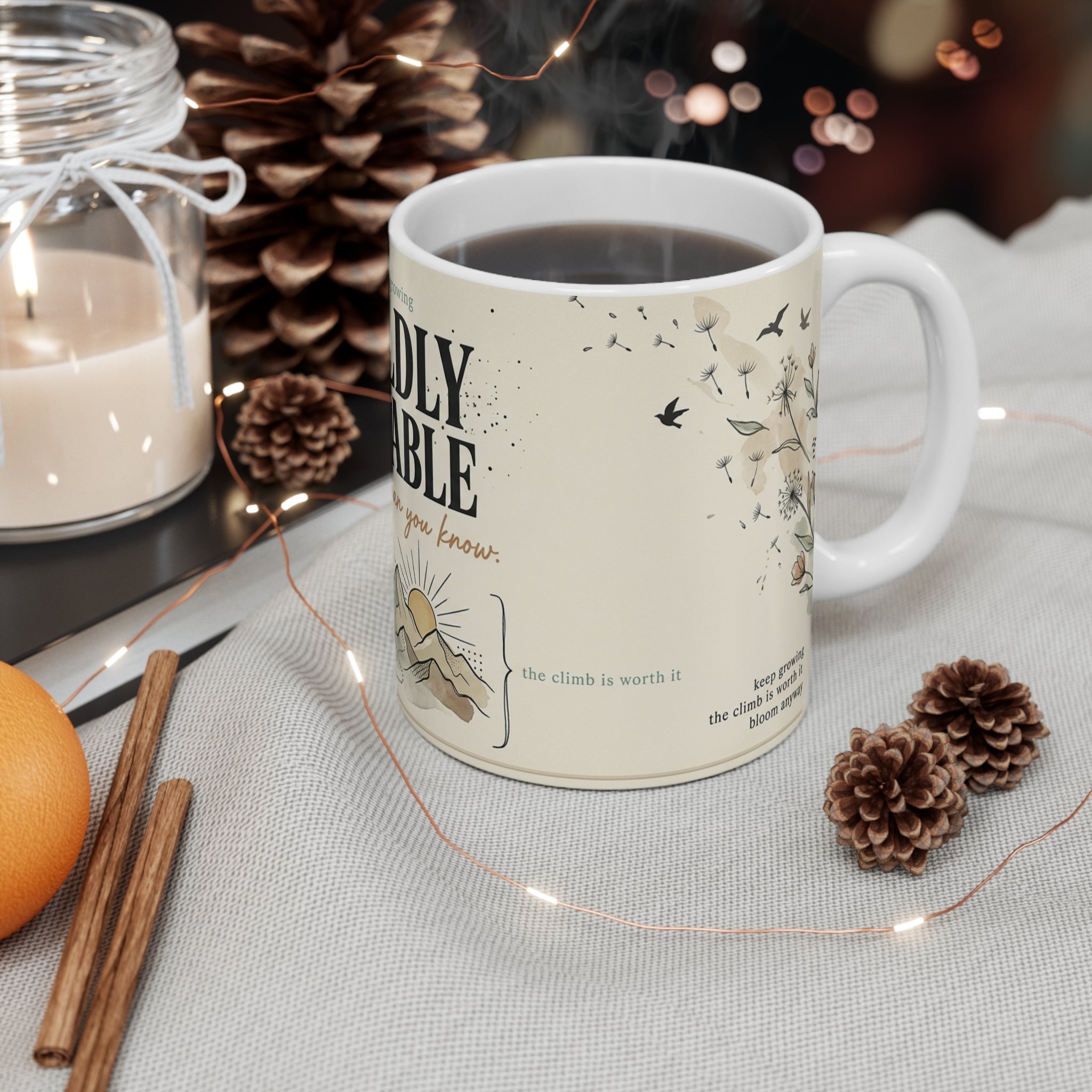 Wildly Capable mountain illustration Mug | motivational tree sunrise design