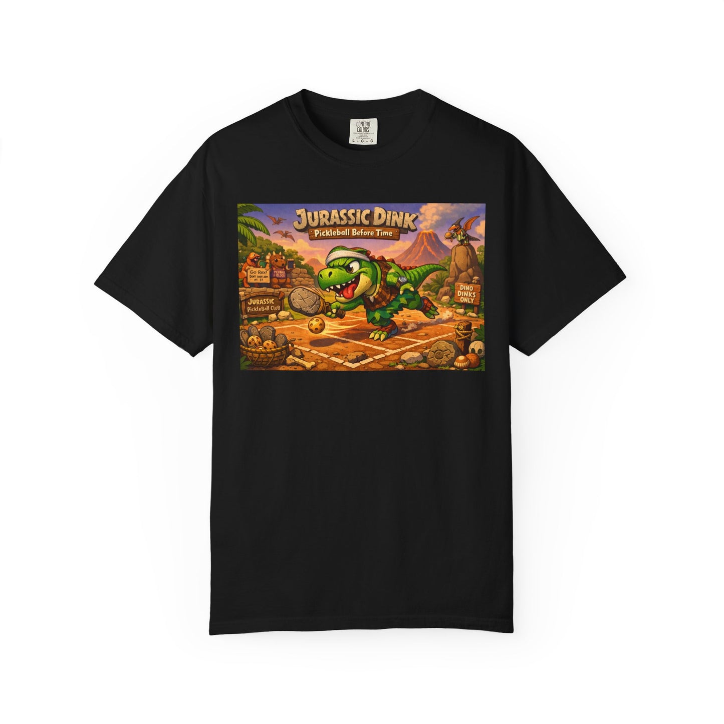 Jurassic Dink Pickleball Dinosaur Arcade Poster T-Shirt | Retro Video Game Shirt