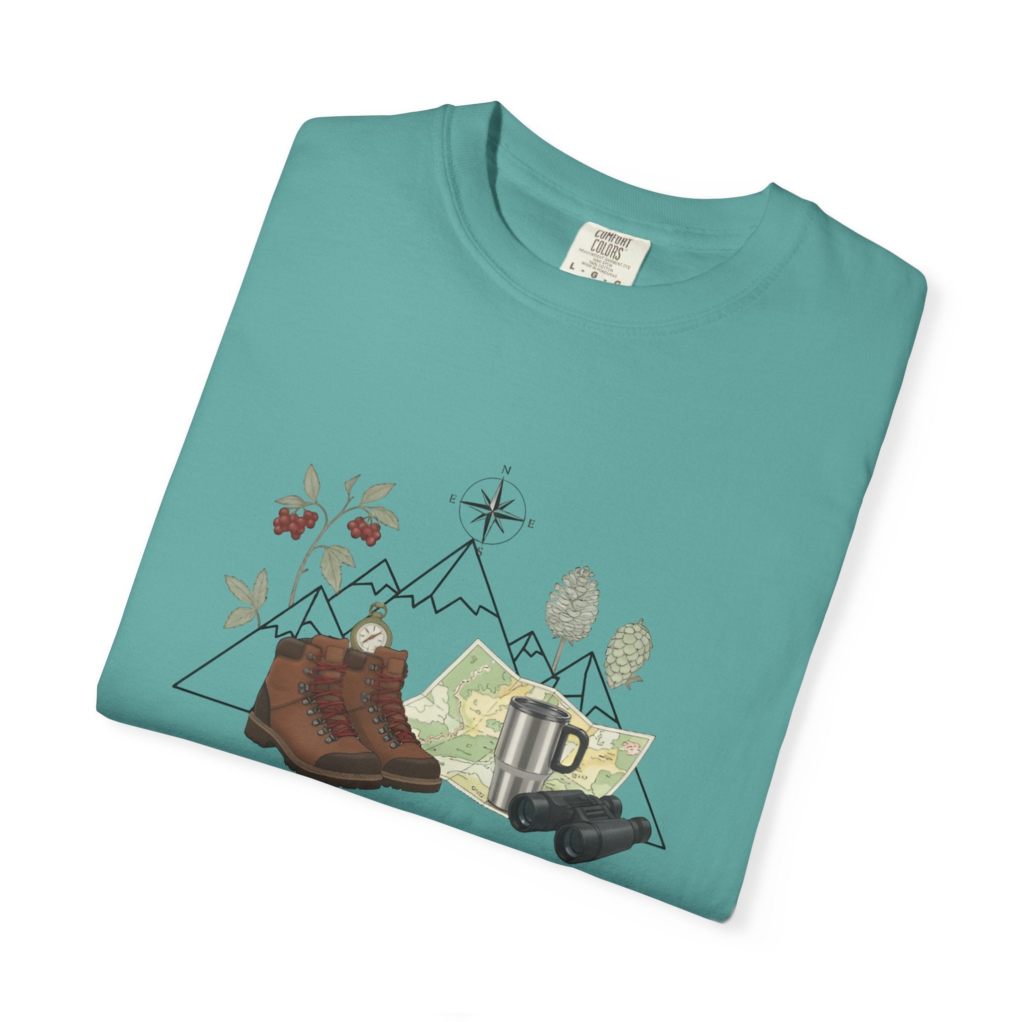 Camping Mountain Outdoors Graphic T-shirt | Hiking Boots Trees Flowers