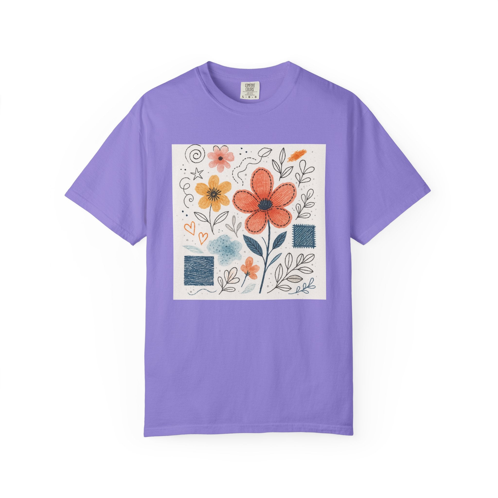 Hand-drawn Watercolor Floral Doodles T-shirt | Linocut & Embroidery Texture