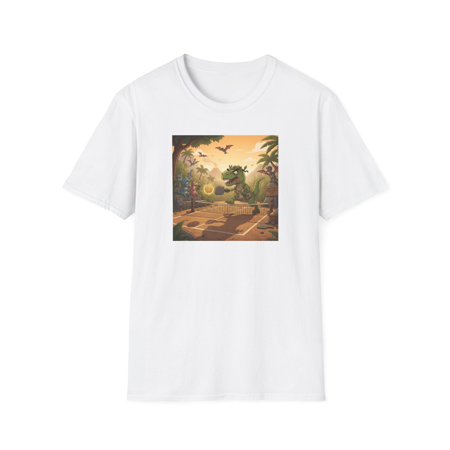 Jurassic Pickleball Club | Retro Tropical Dino Illustration T-Shirt