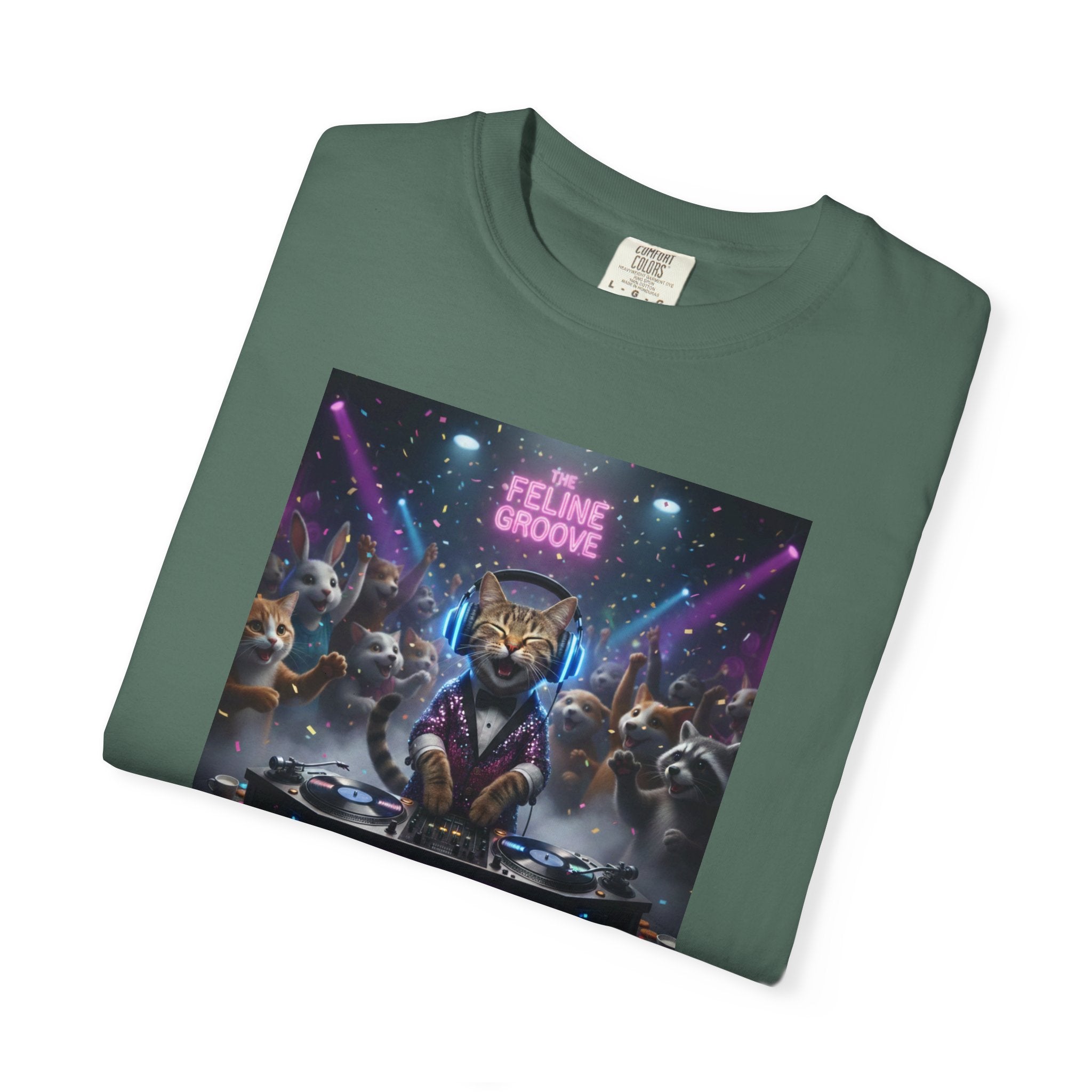 Feline Groove DJ Cat Illustration T-Shirt | Retro Neon Club Scene