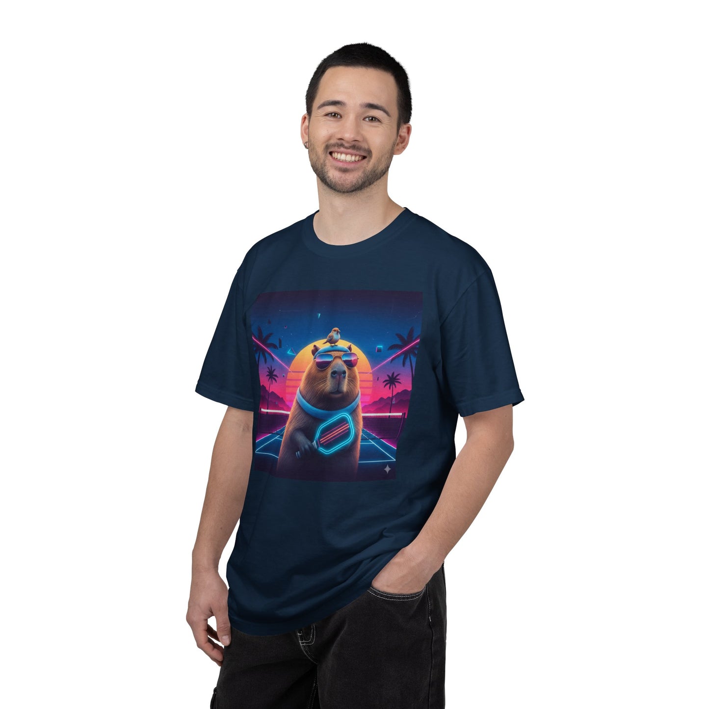 Retro Vaporwave Capybara with Sunglasses T-shirt | Neon Sunset Palm Trees