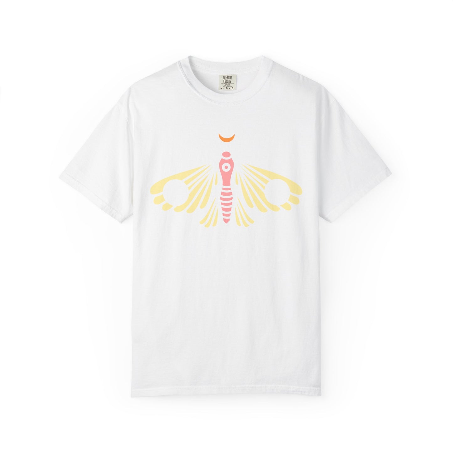 Celestial Moth T-shirt | Pink Yellow Moth with Crescent Moon