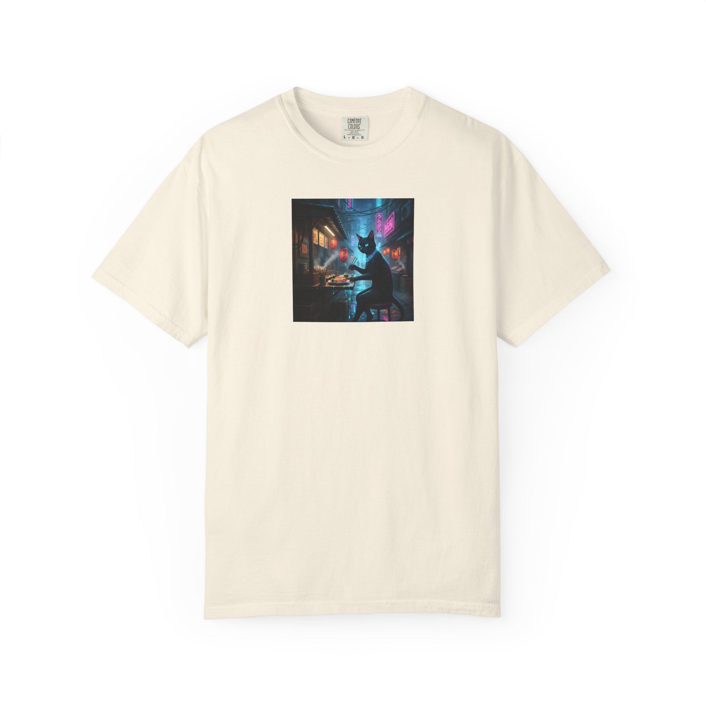 Cyberpunk Cat Sushi T-shirt | Neon Japan Noir