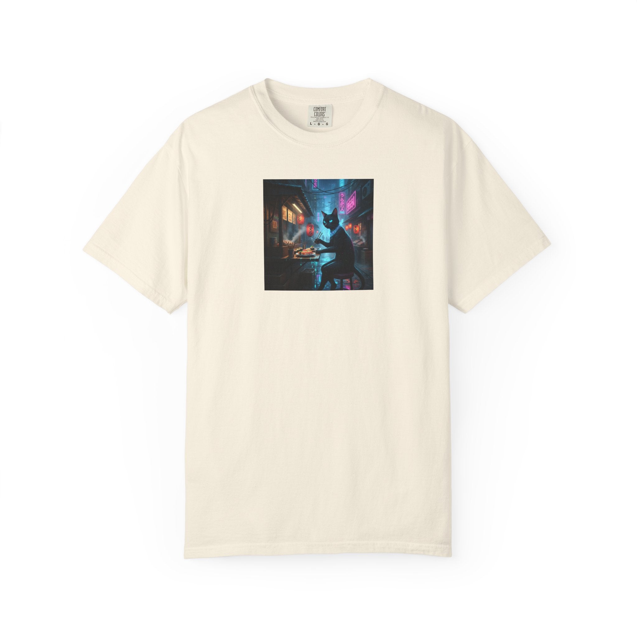 Cyberpunk Cat Sushi T-shirt | Neon Japan Noir