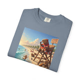 Lifeguard Capybara on Beach T-shirt | Surf Rescue Sunset Scene