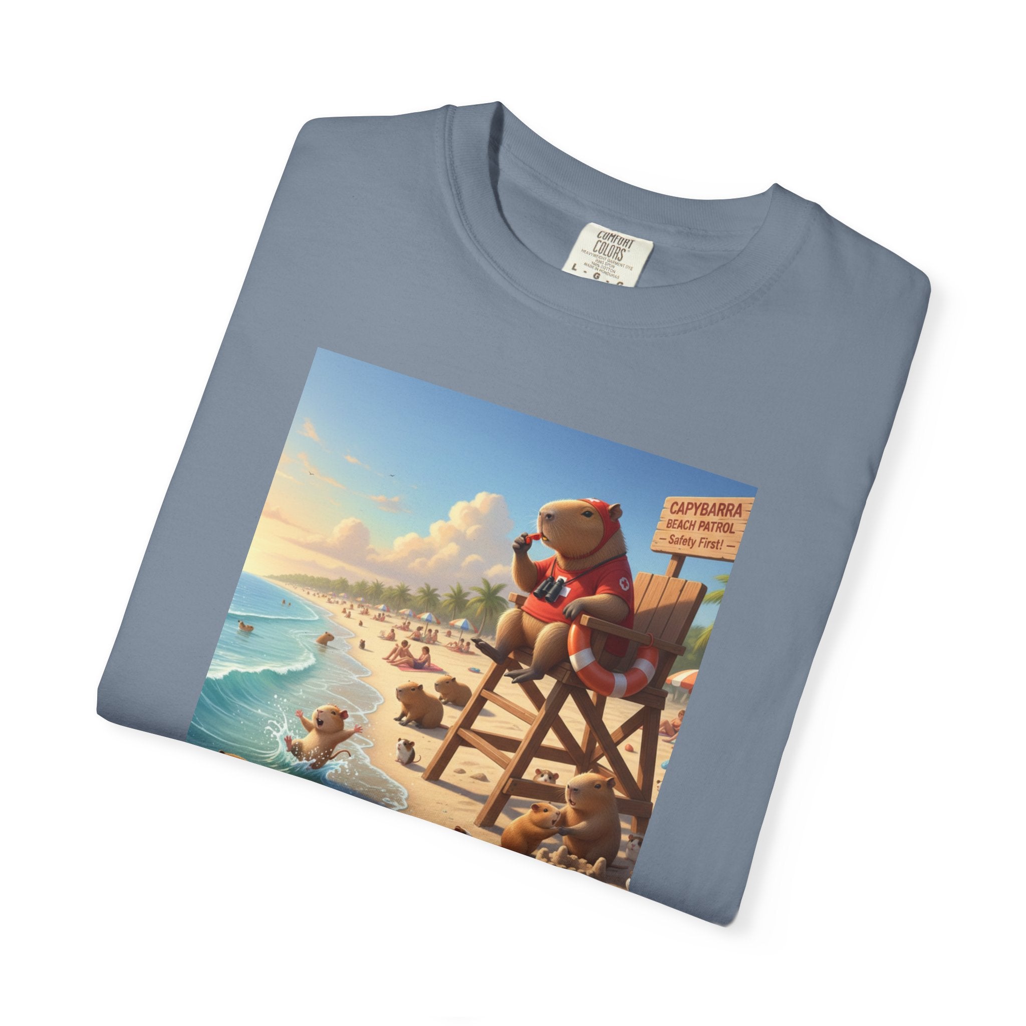 Lifeguard Capybara on Beach T-shirt | Surf Rescue Sunset Scene