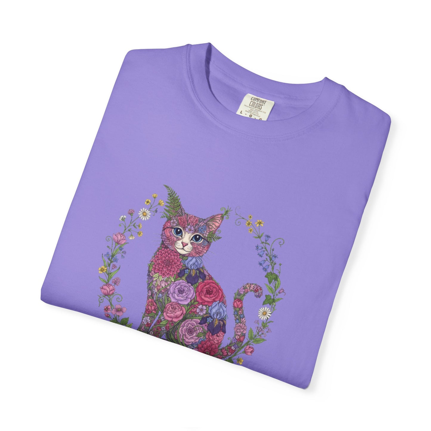 Floral Cat Illustration T-shirt | Botanical Kitty Circle Print