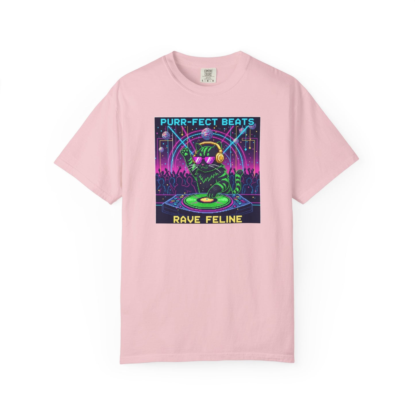 Purr-fect Beats Rave Feline DJ cat T-shirt | Neon EDM club design