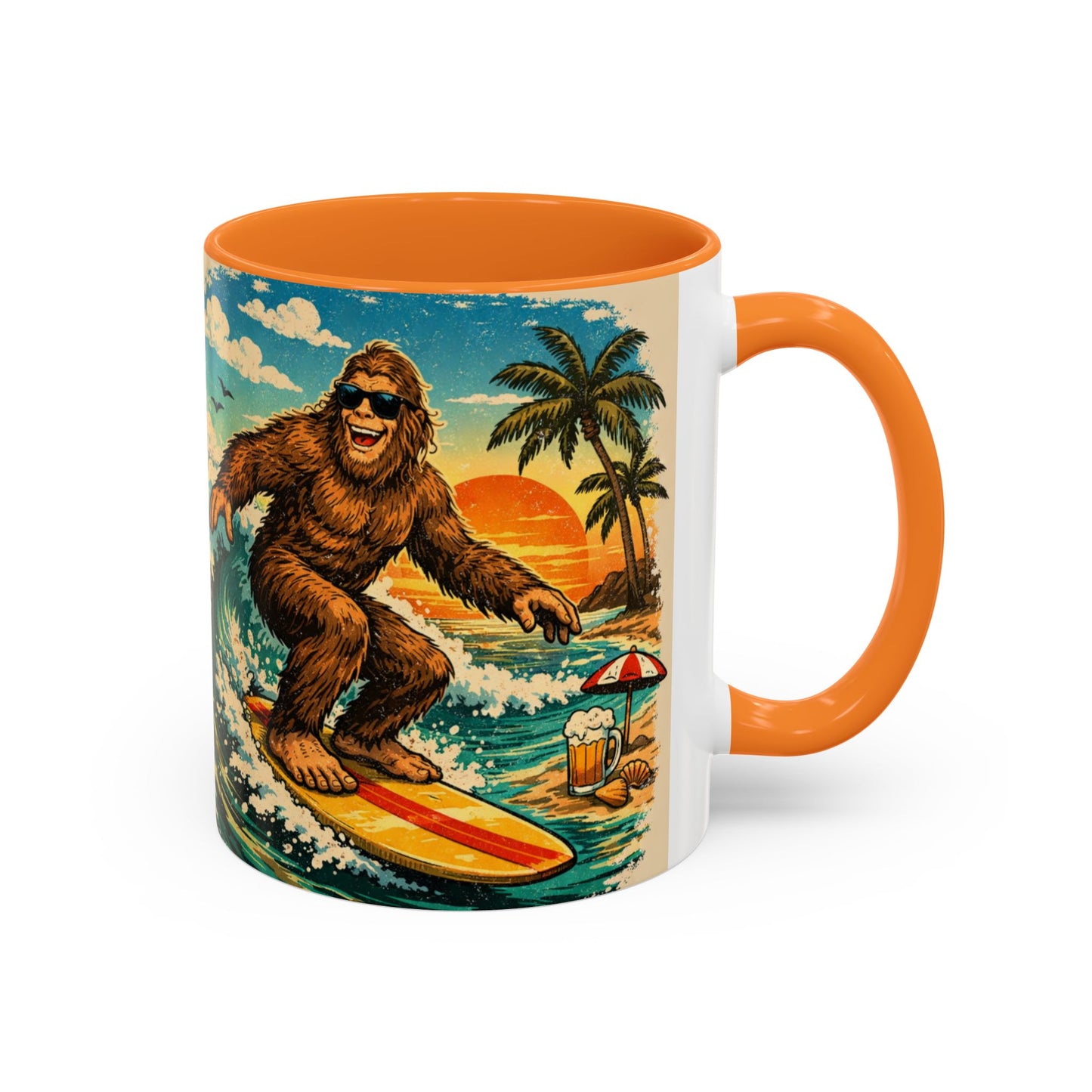 Surfing Bigfoot Mug | Retro Beach Sunset Bigfoot Wave Coffee Cup