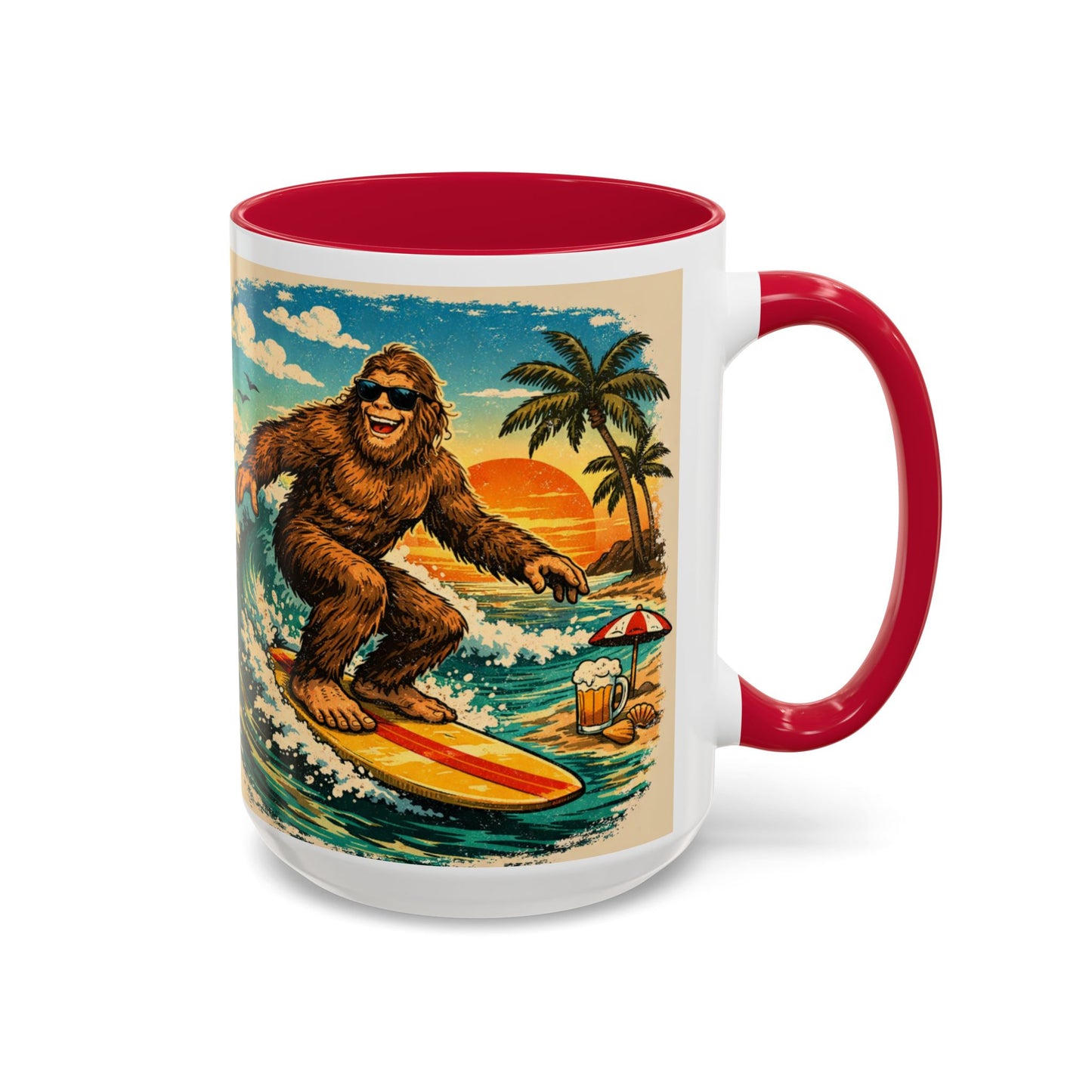 Surfing Bigfoot Mug | Retro Beach Sunset Bigfoot Wave Coffee Cup