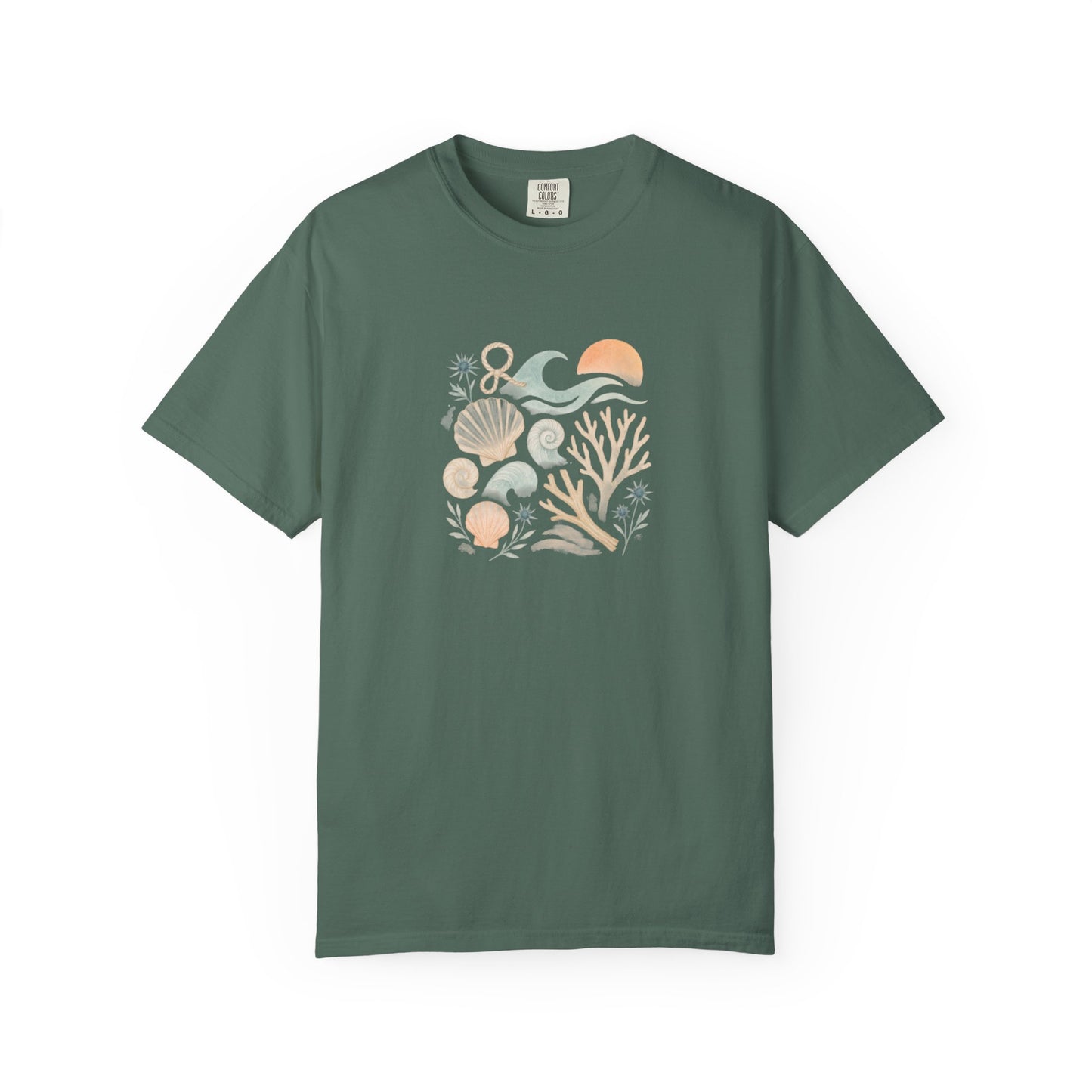 Coastal Seashells and Coral T-Shirt | Beach Wave Sunset Art