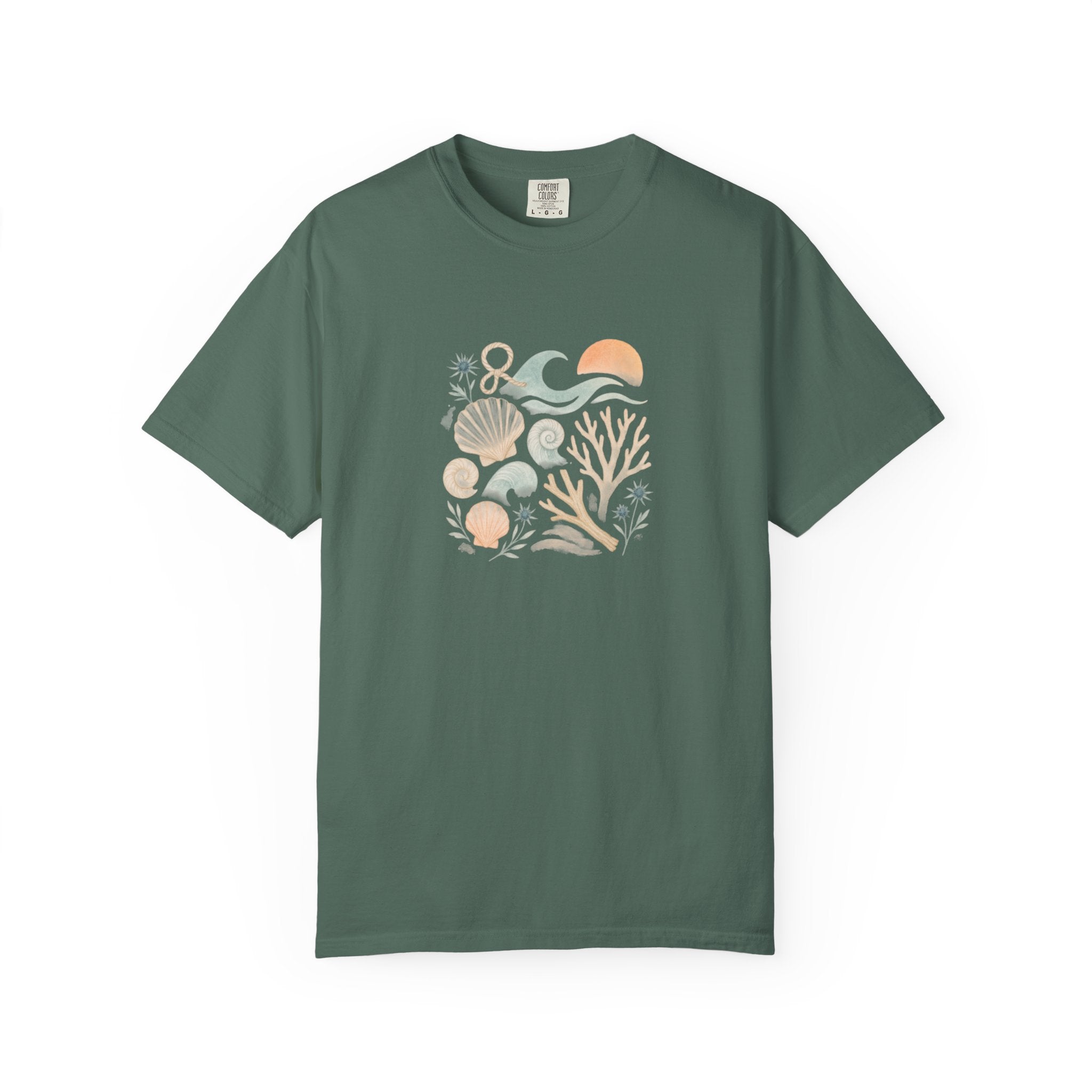 Coastal Seashells and Coral T-Shirt | Beach Wave Sunset Art
