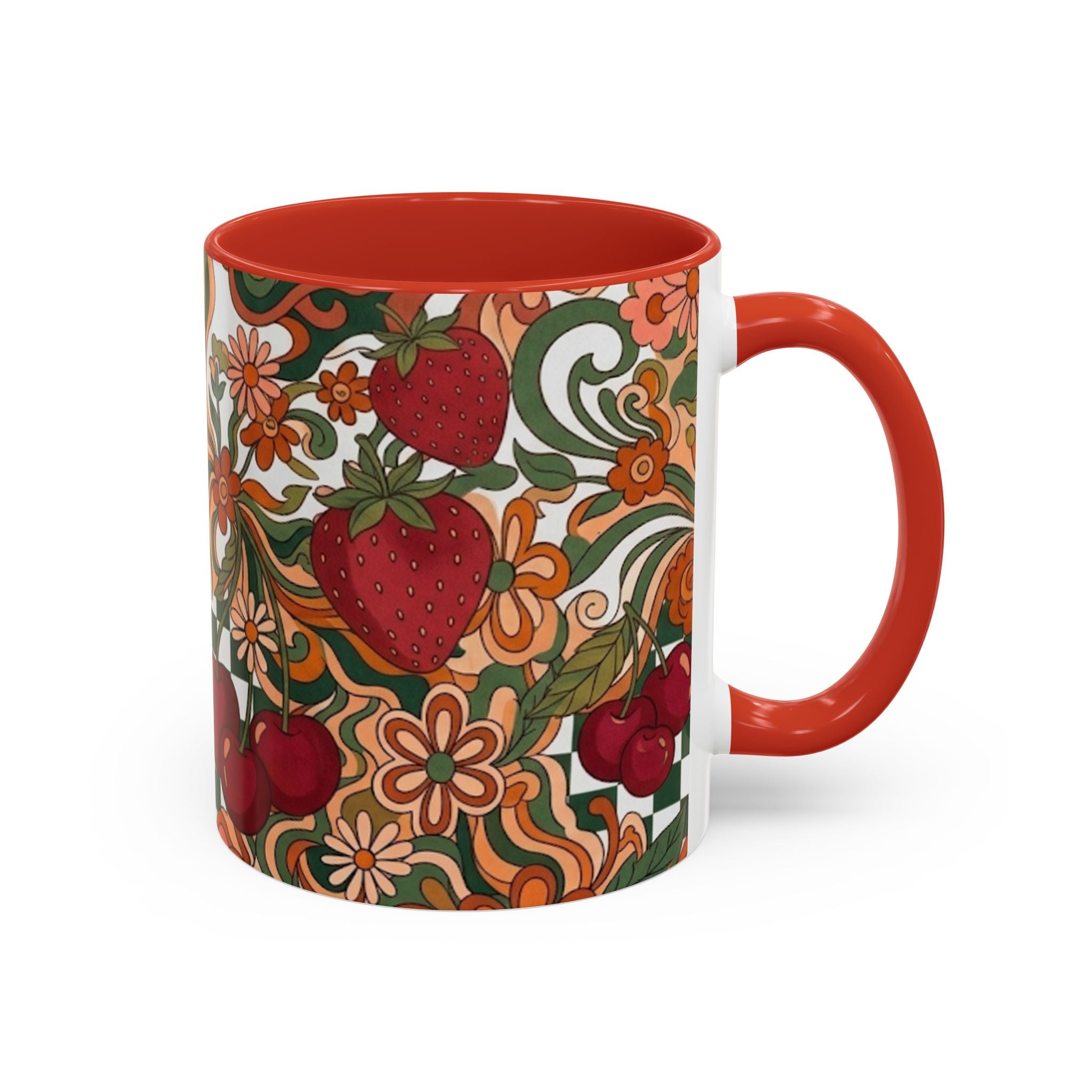 Vintage Cherry Strawberry Pattern Accent Mug | 11oz 15oz
