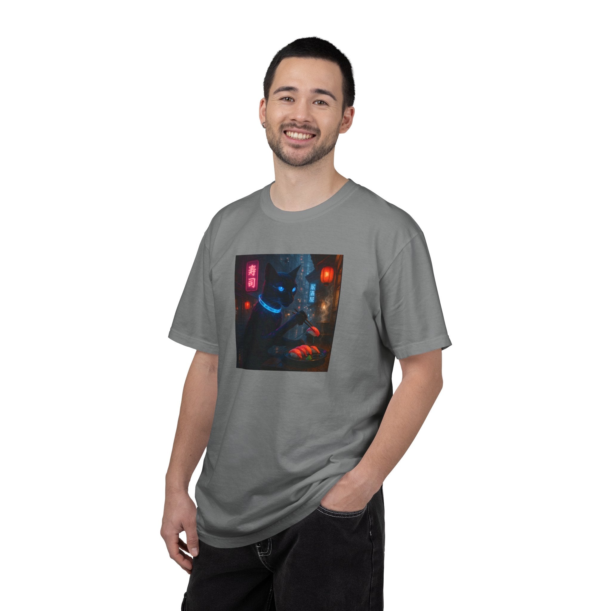 Neon Cyber Cat Sushi Shibuya T-shirt | Dark Alley Japanese Streetwear