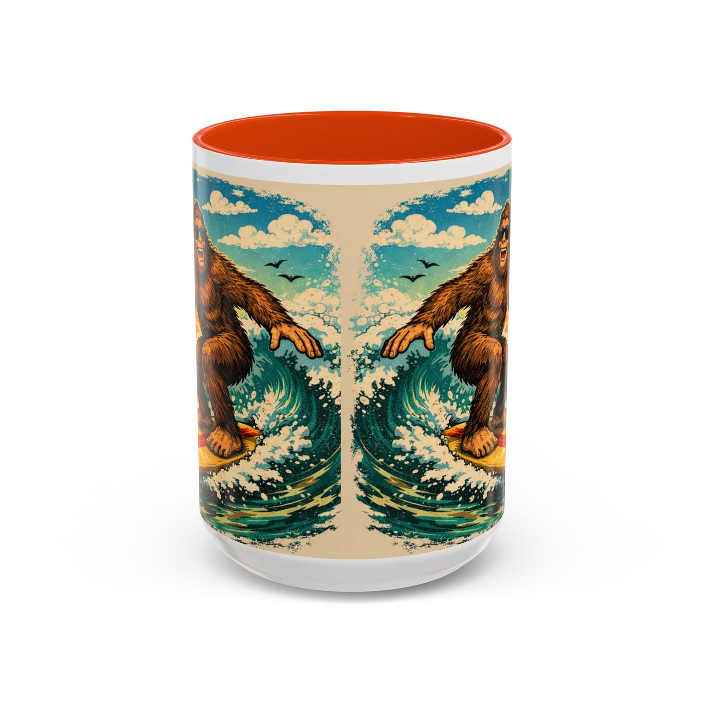 Surfing Bigfoot Mug | Retro Beach Sunset Bigfoot Wave Coffee Cup
