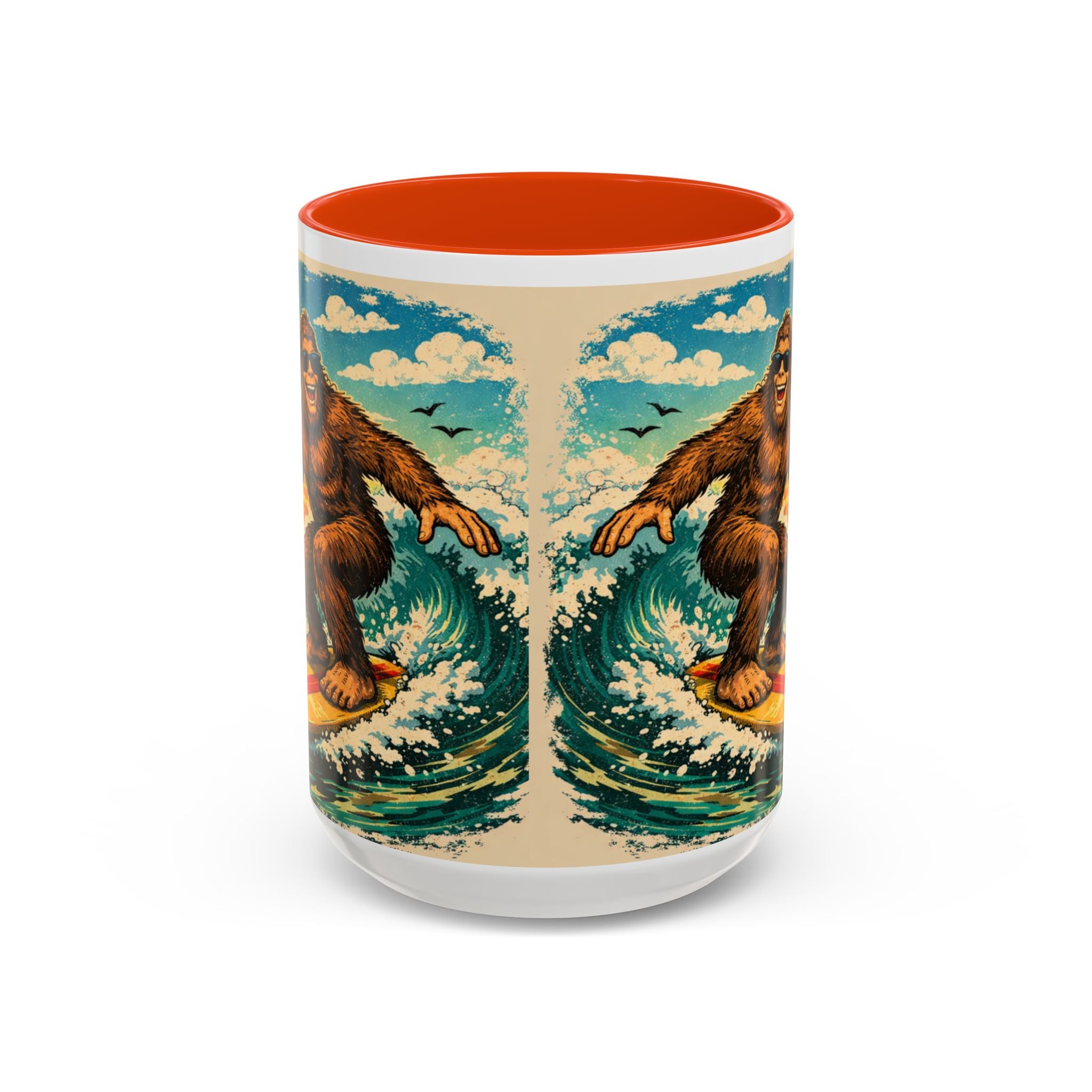 Surfing Bigfoot Mug | Retro Beach Sunset Bigfoot Wave Coffee Cup