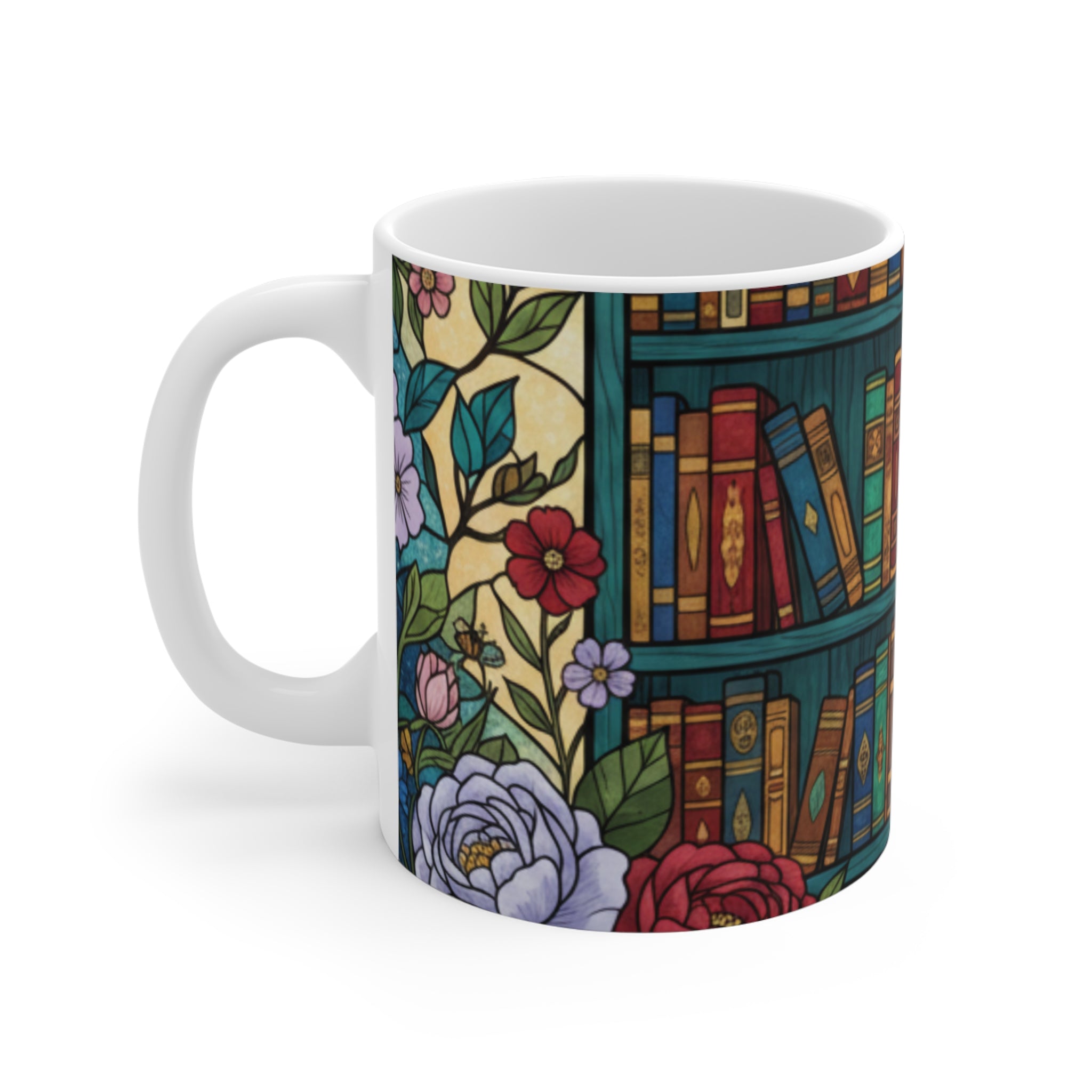 Floral Bookcase Mug | Library Bookshelf Ceramic Coffee Cup