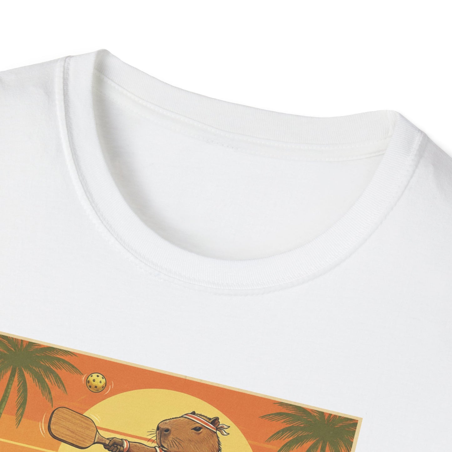 Capybara Ace Pickleball Player T-Shirt | Retro Tropical Court Design