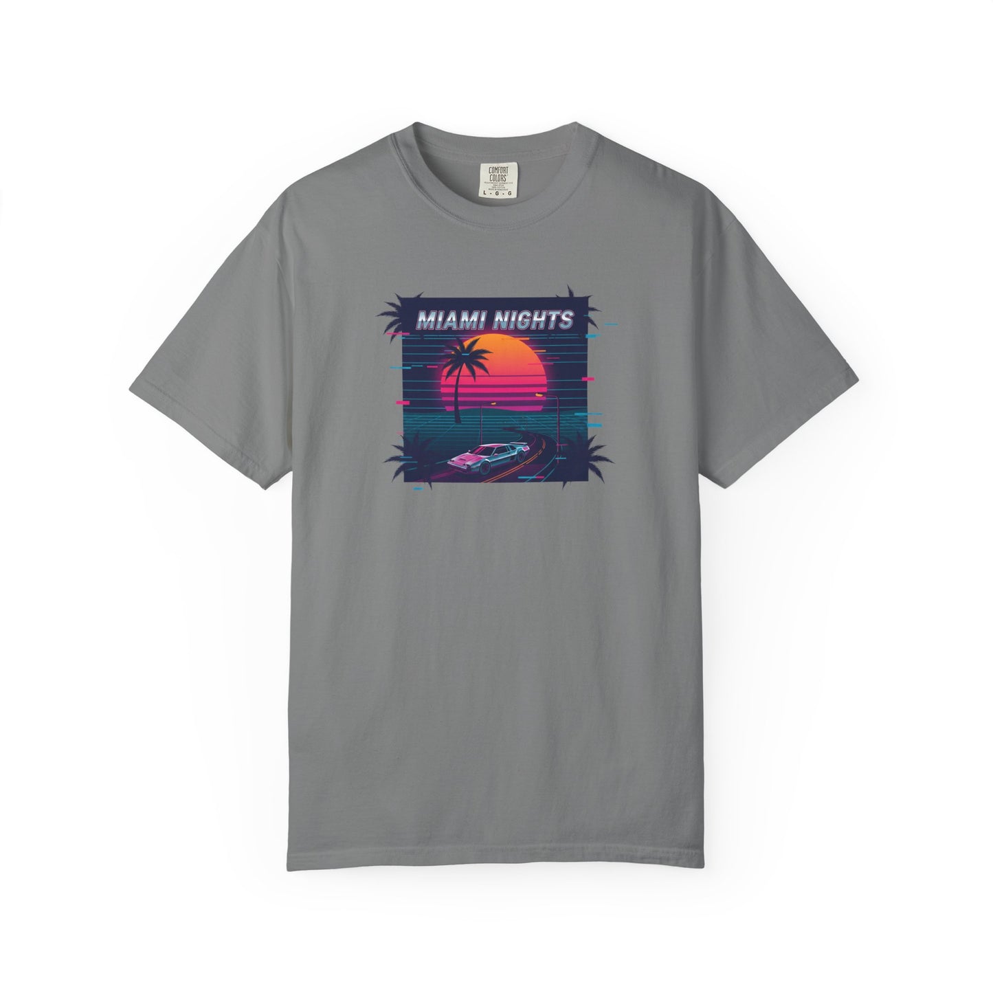 Miami Nights Sunset Palm T-shirt | Retro Vaporwave Beach Scene
