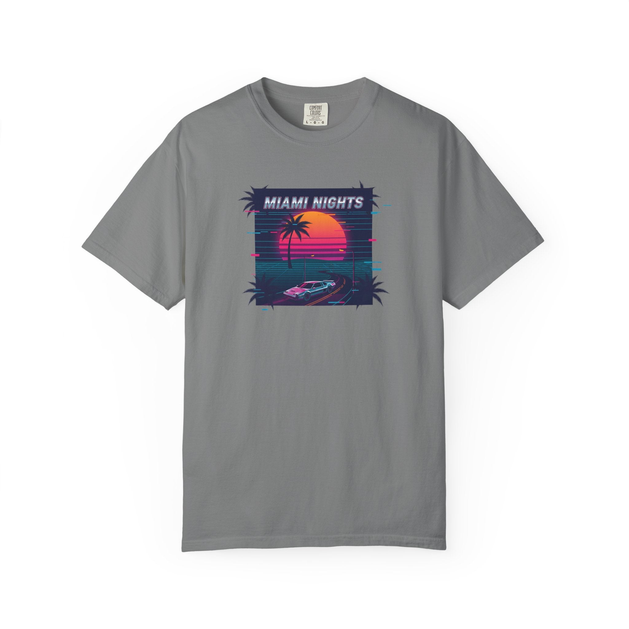 Miami Nights Sunset Palm T-shirt | Retro Vaporwave Beach Scene