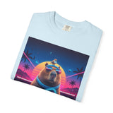 Retro Vaporwave Capybara with Sunglasses T-shirt | Neon Sunset Palm Trees