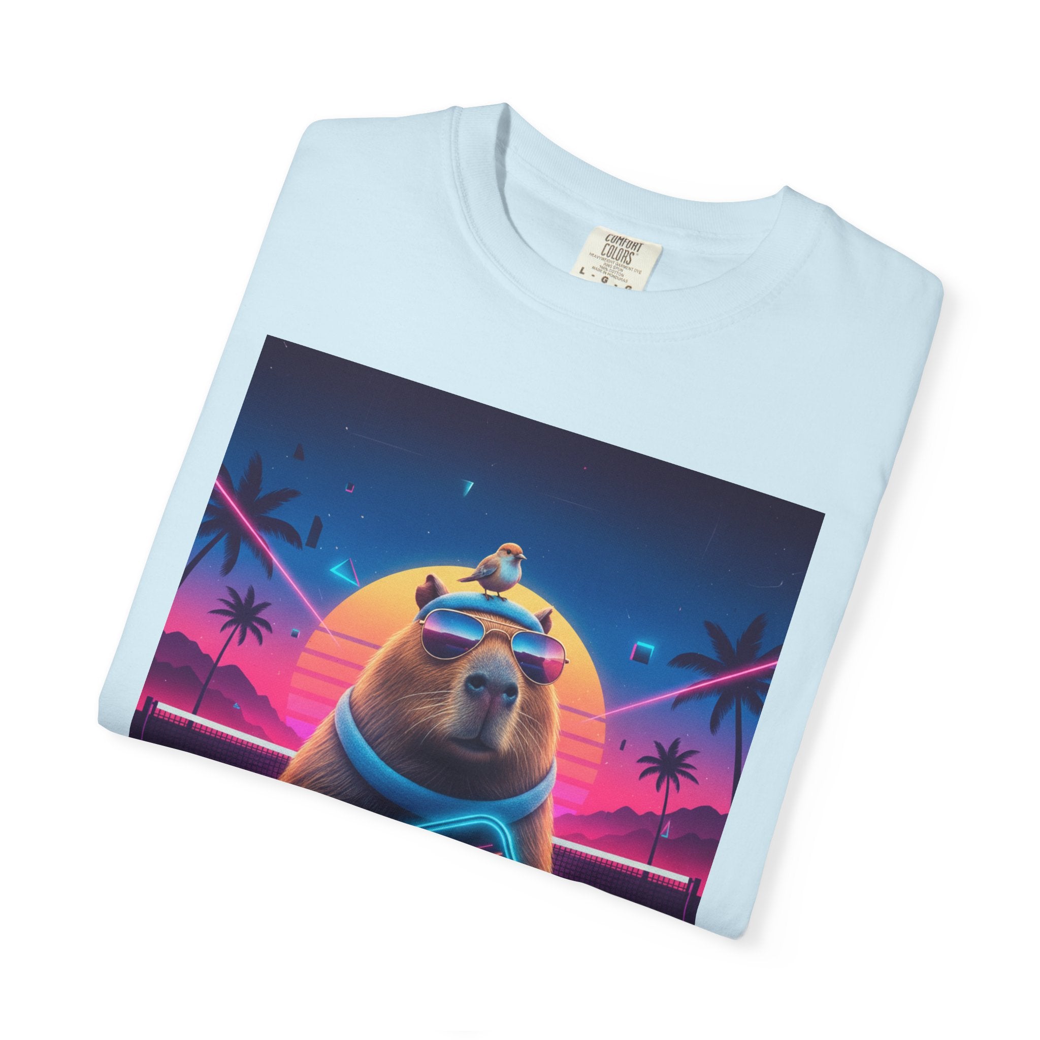 Retro Vaporwave Capybara with Sunglasses T-shirt | Neon Sunset Palm Trees