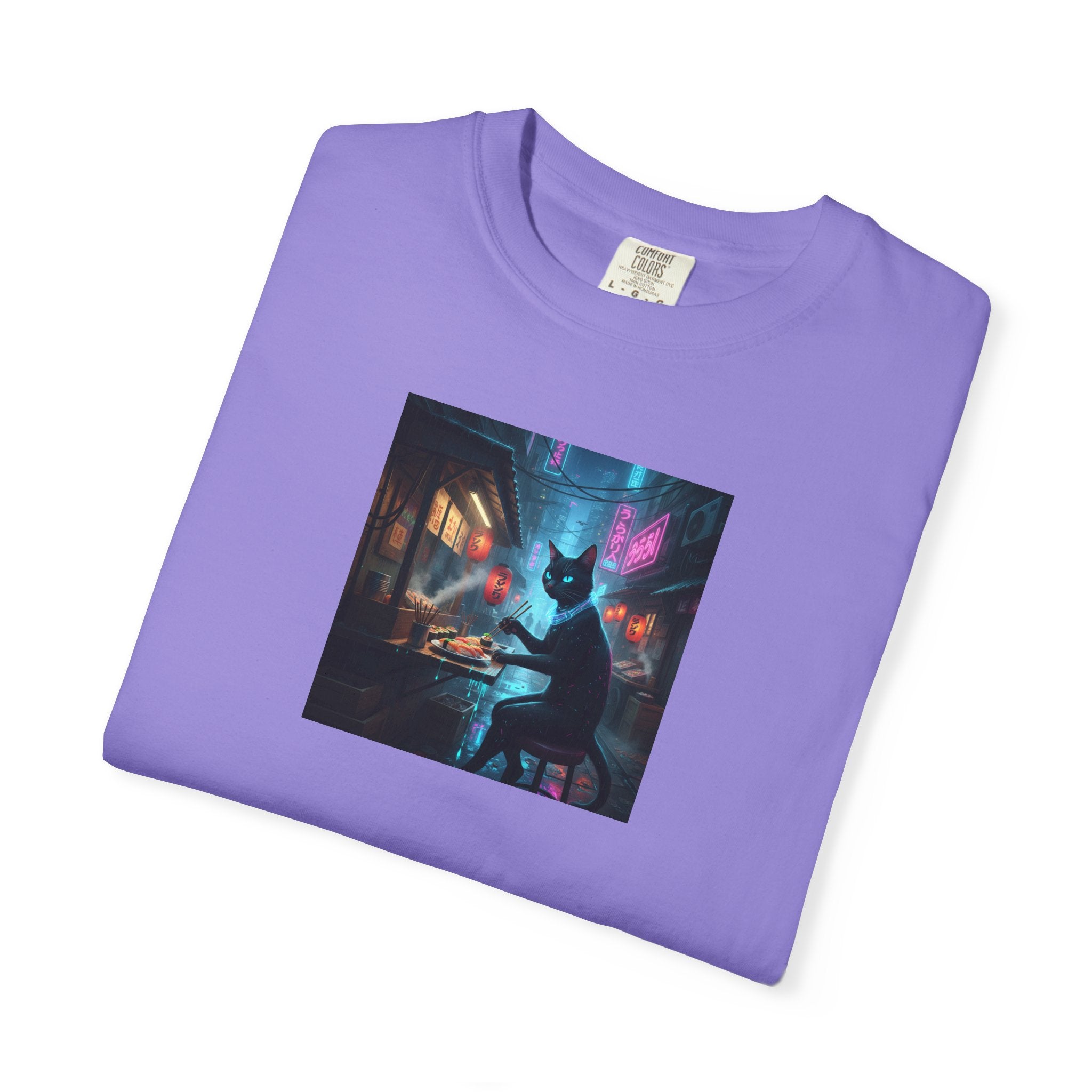 Cyberpunk Cat Sushi T-shirt | Neon Japan Noir