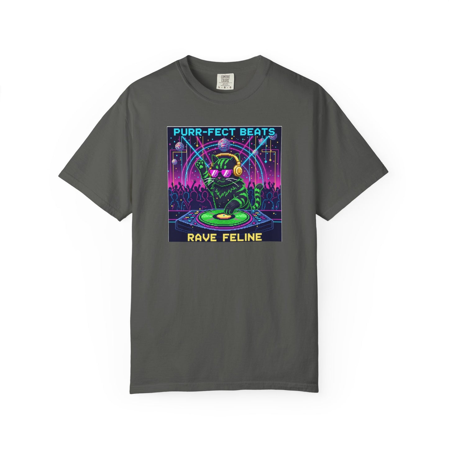 Purr-fect Beats Rave Feline DJ cat T-shirt | Neon EDM club design