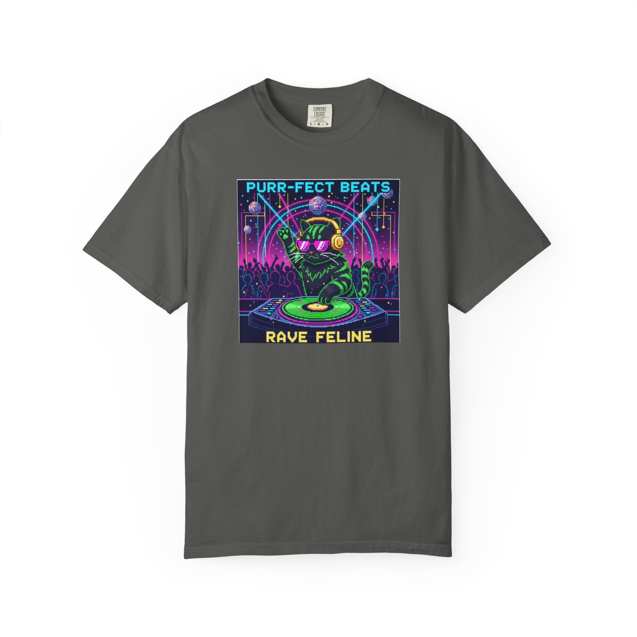 Purr-fect Beats Rave Feline DJ cat T-shirt | Neon EDM club design
