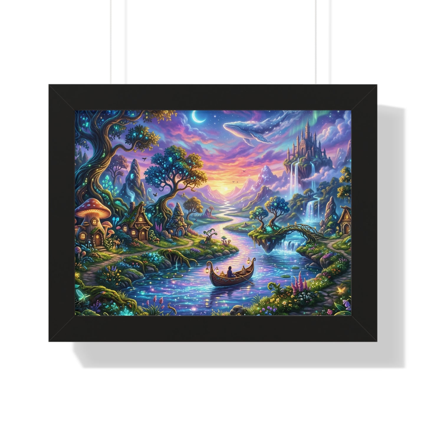 Celestial River Journey Digital Art Print - Whimsical Fantasy Landscape with Floating Castle, Glowing Forest