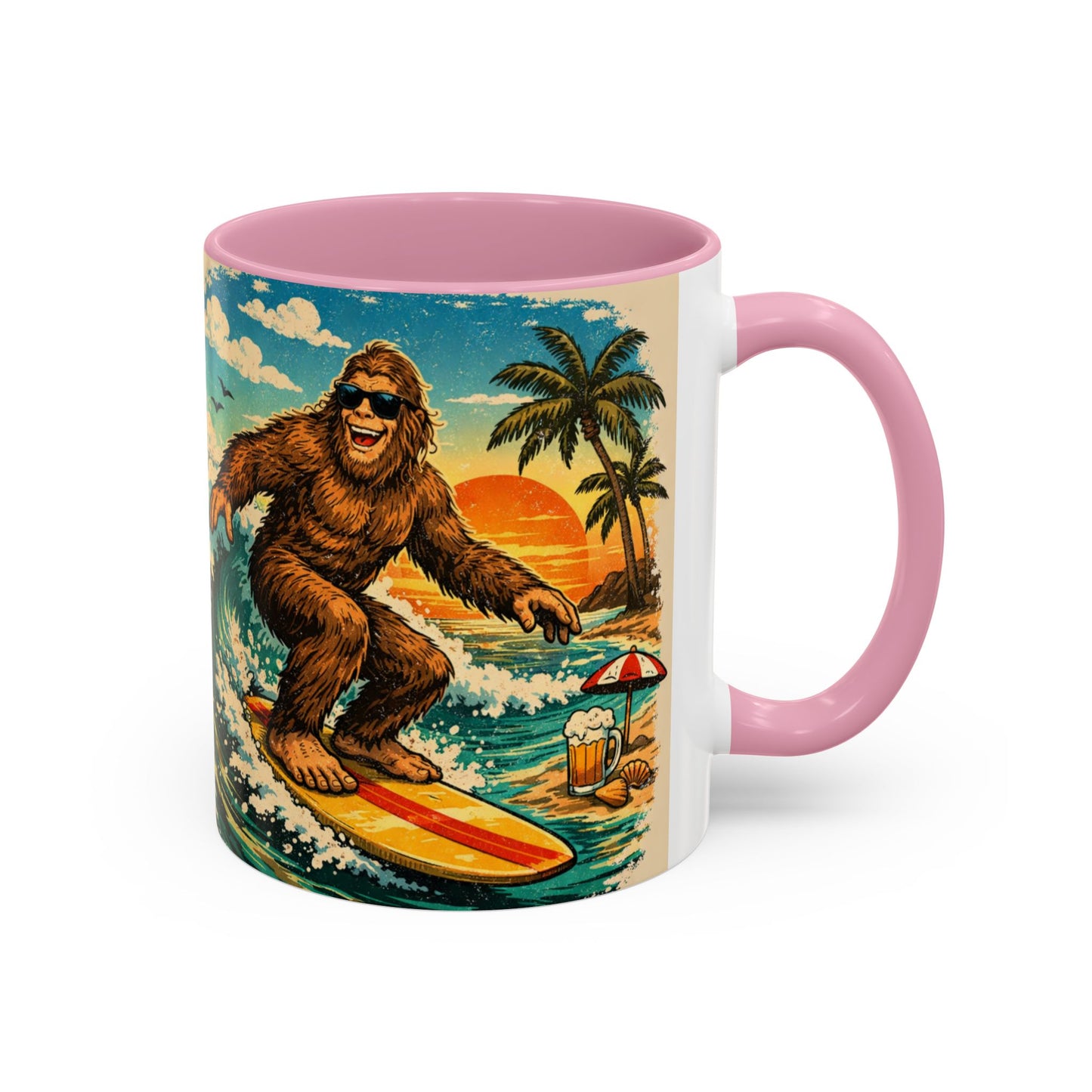Surfing Bigfoot Mug | Retro Beach Sunset Bigfoot Wave Coffee Cup