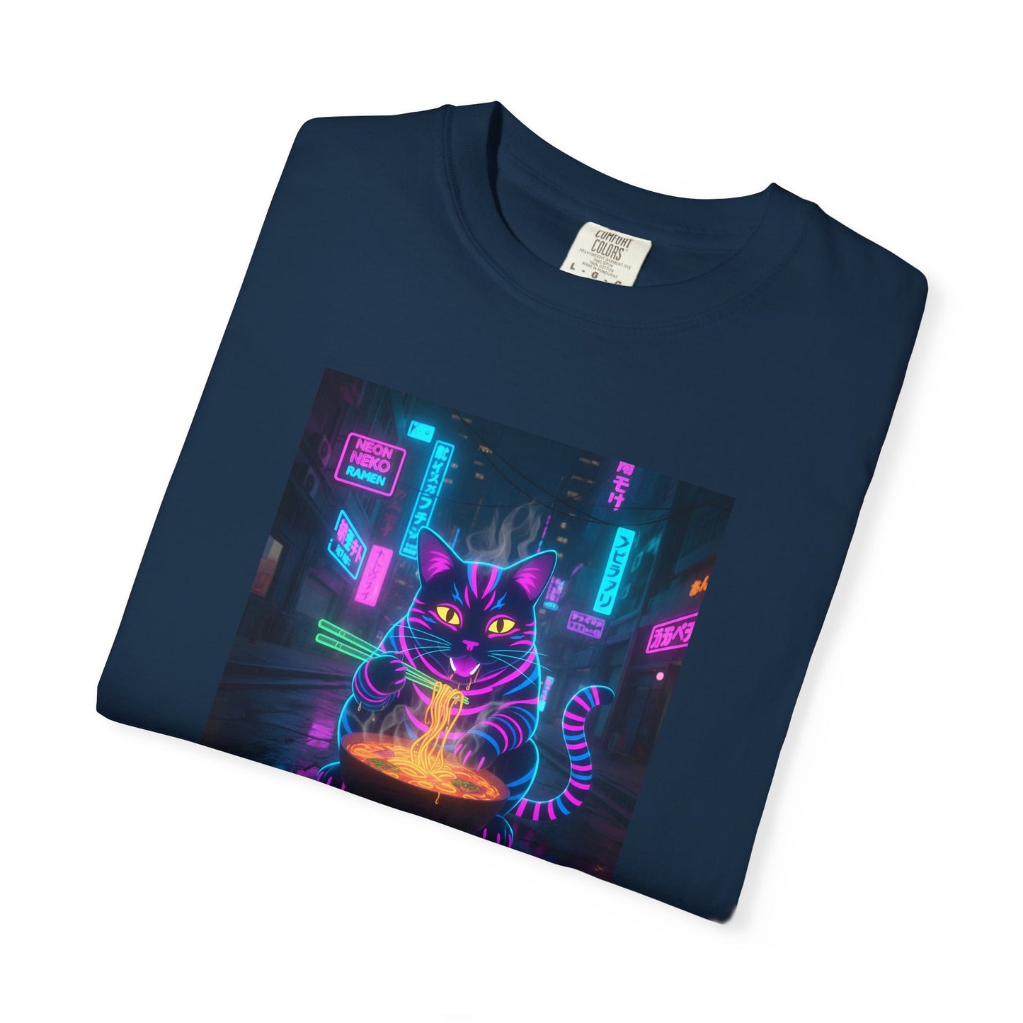 Neon Cyberpunk Cat Mystic Bowl T-shirt | Retro Futuristic Alley Art
