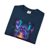 Neon Cyberpunk Cat Mystic Bowl T-shirt | Retro Futuristic Alley Art