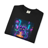 Neon Cyberpunk Cat Mystic Bowl T-shirt | Retro Futuristic Alley Art