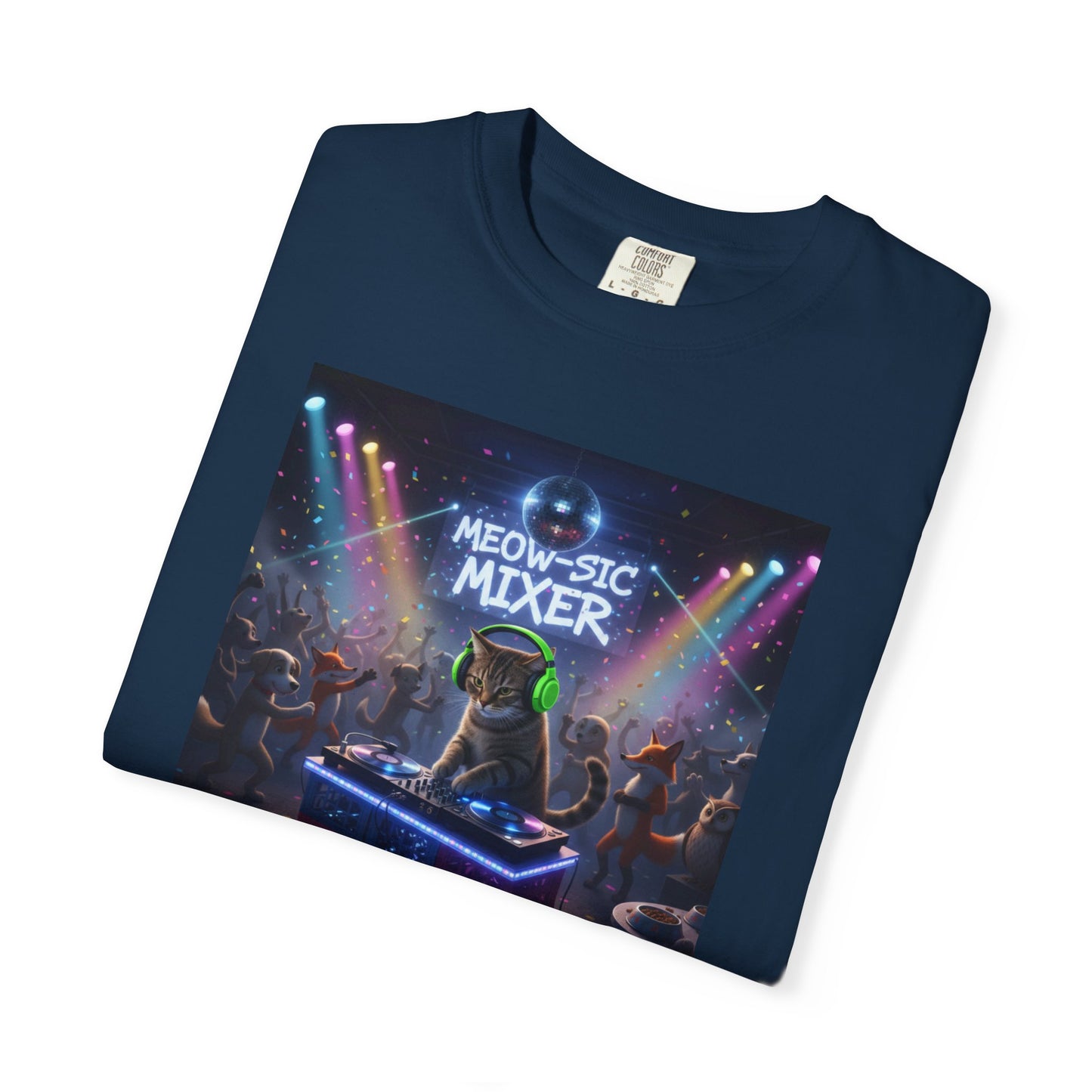 Melodic Mixer DJ Cat T-shirt | Neon Retro Music Party