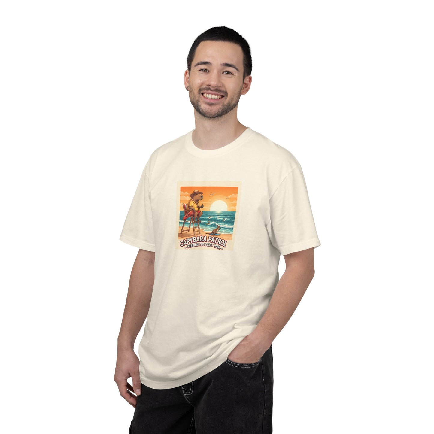 Capybara Patrol Sunset Surfing Capybara T-Shirt | Retro Beach Vibes