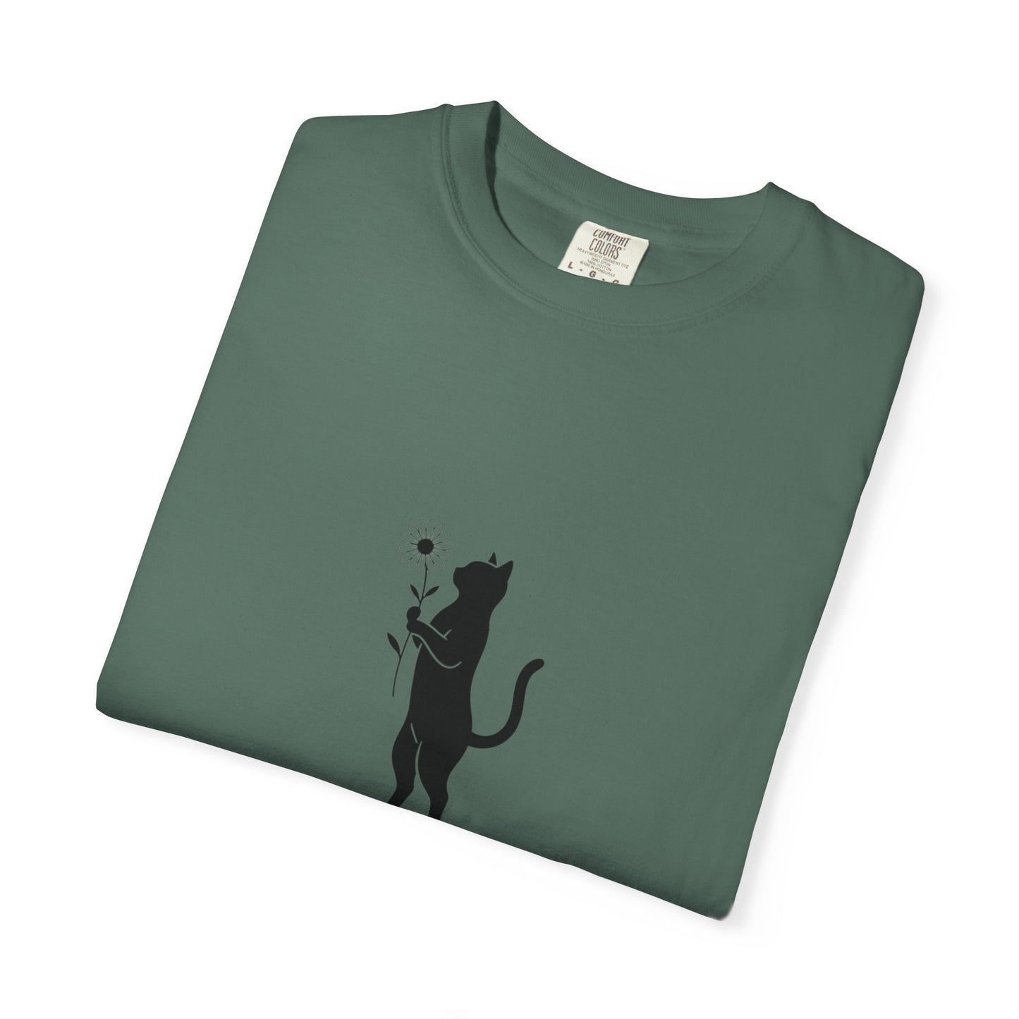 Black Cat Holding Flower T-Shirt | Minimal Cat Silhouette Tee
