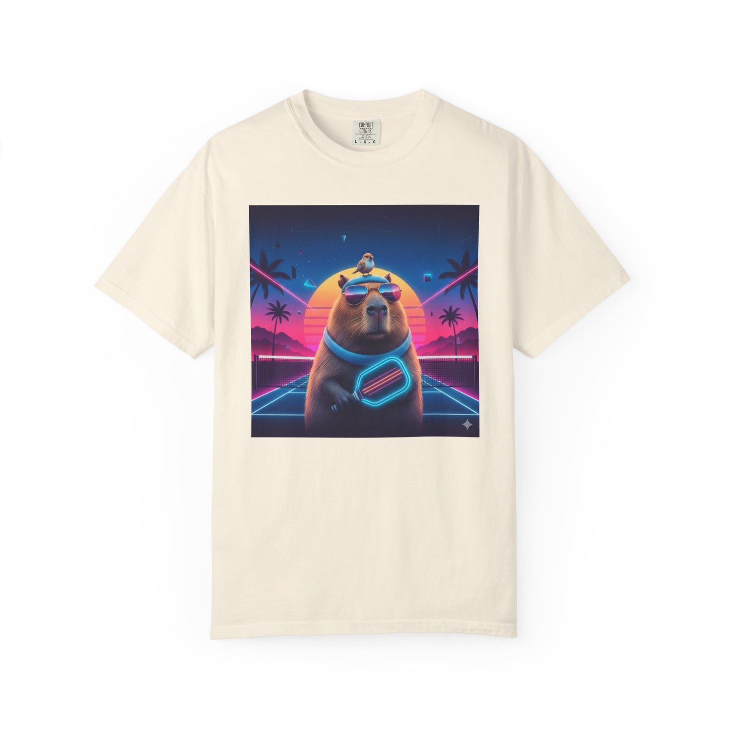 Retro Vaporwave Capybara with Sunglasses T-shirt | Neon Sunset Palm Trees