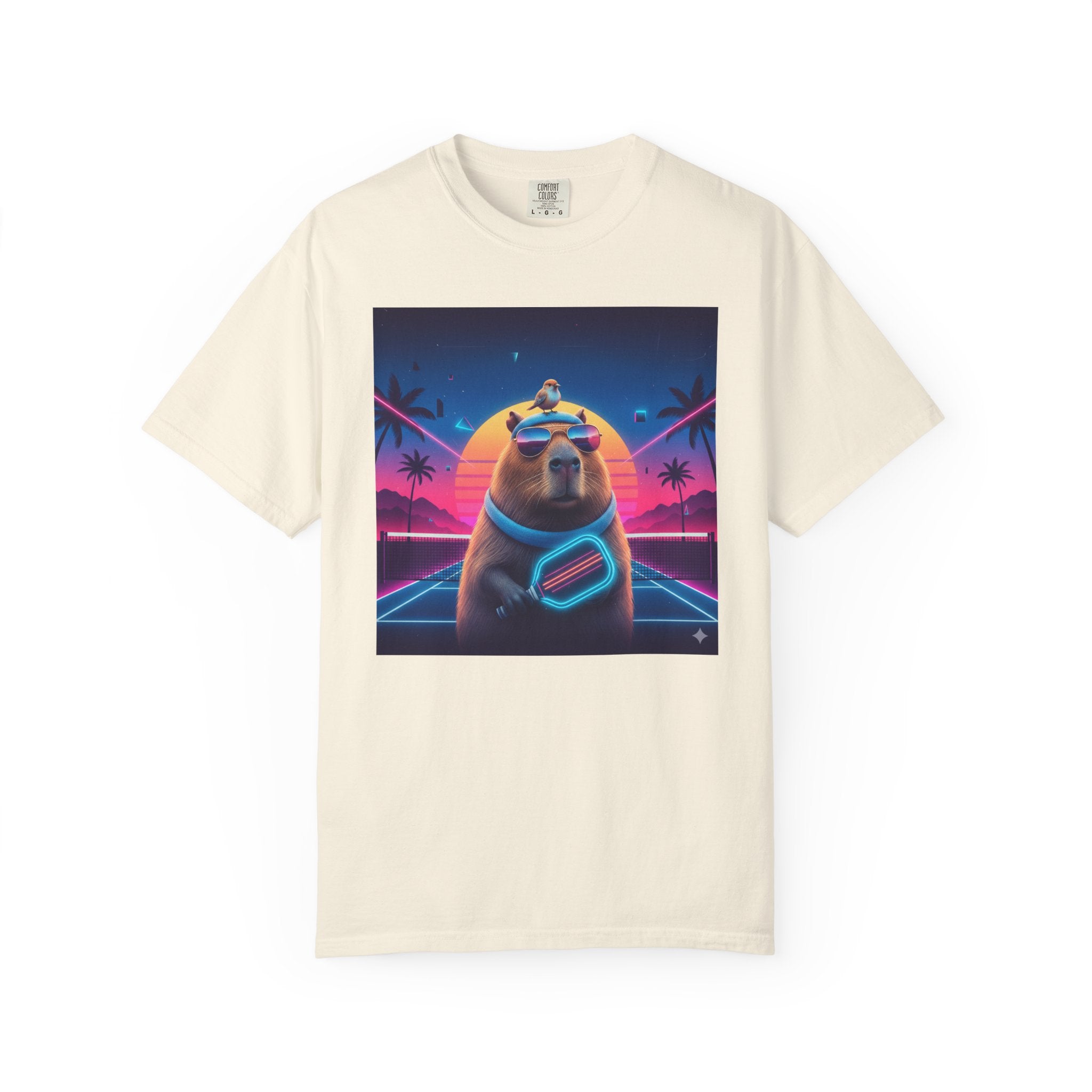 Retro Vaporwave Capybara with Sunglasses T-shirt | Neon Sunset Palm Trees