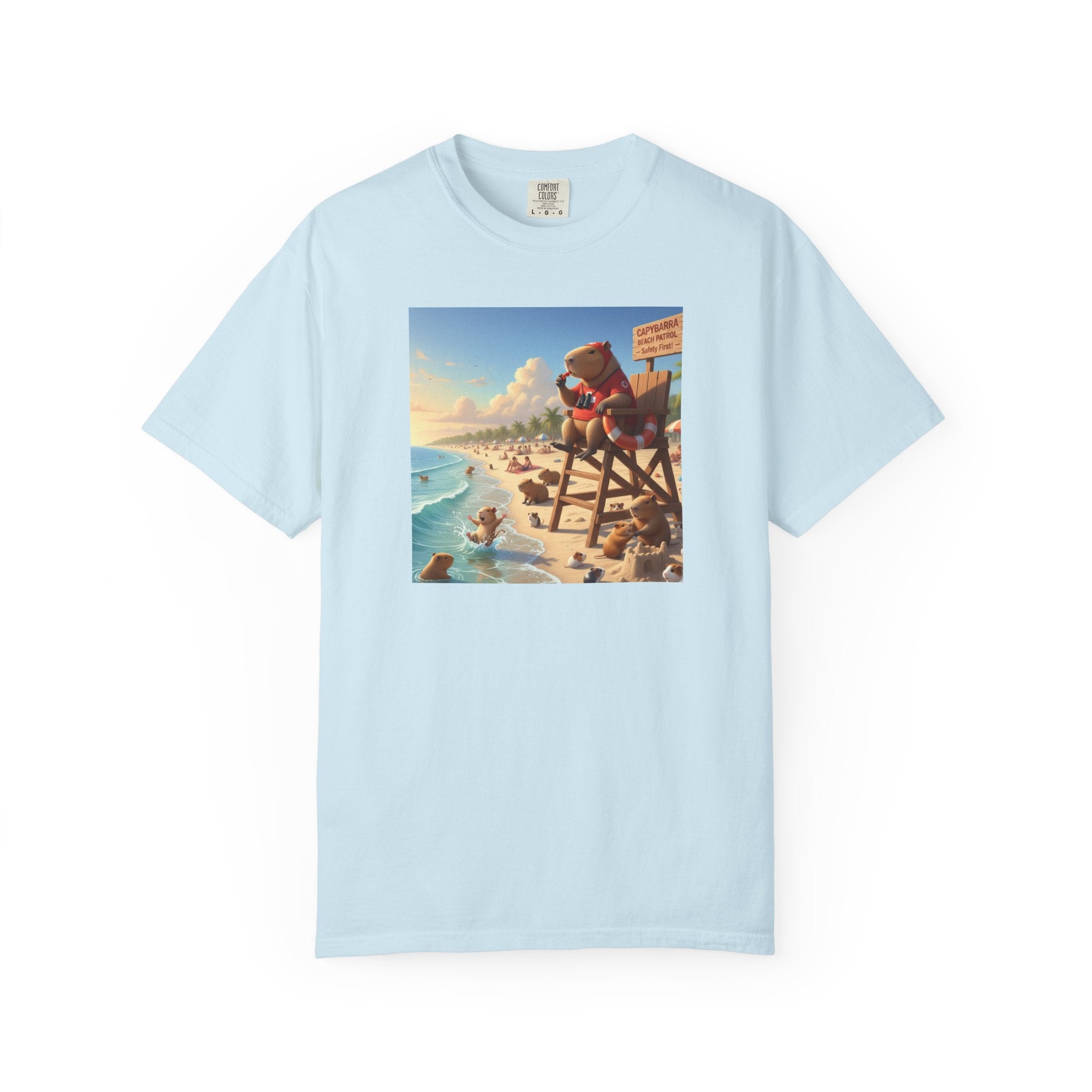 Lifeguard Capybara on Beach T-shirt | Surf Rescue Sunset Scene
